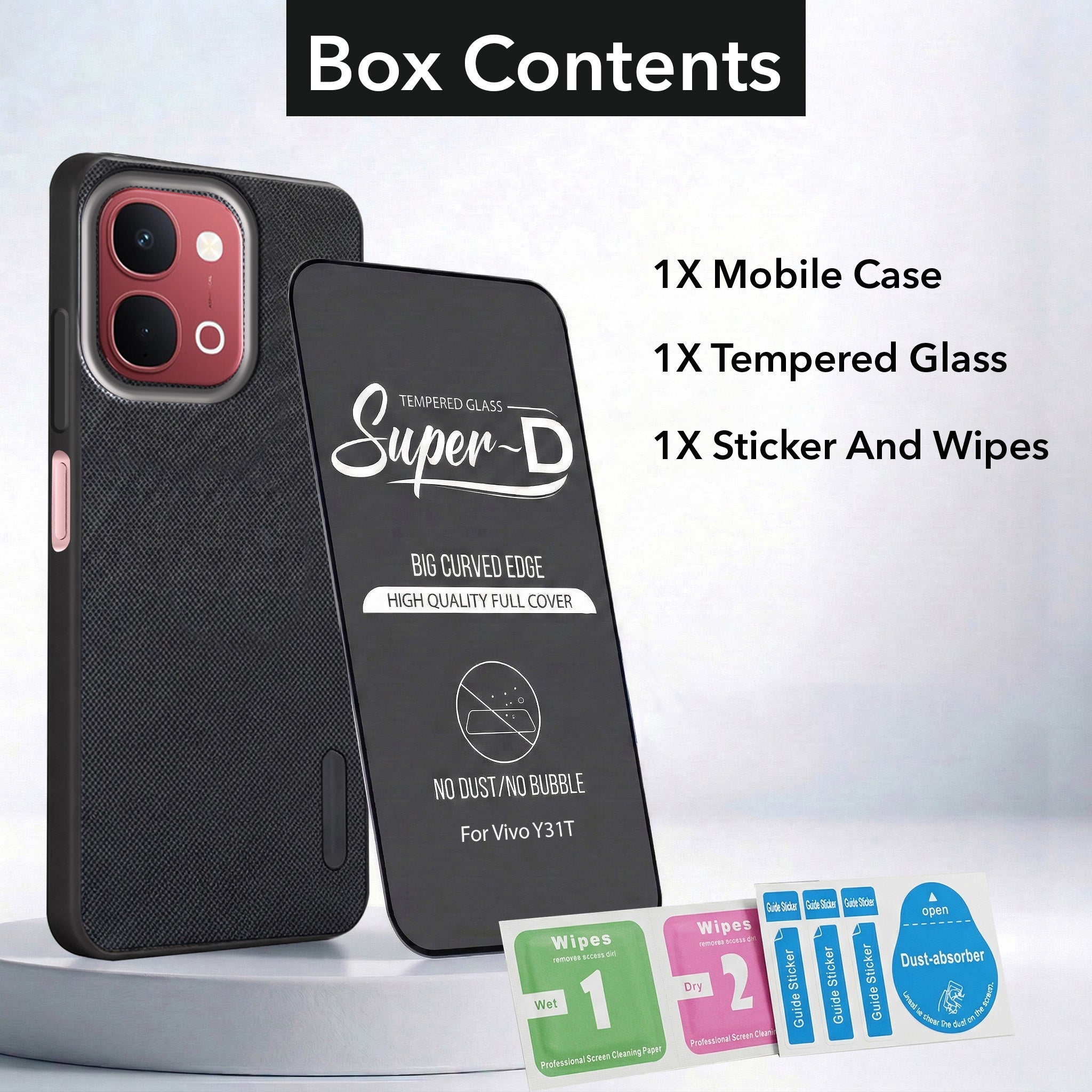 For Vivo Y31T 5G Combo with Back Cover and 9H Tempered Glass (Textured Grip Design | Micro-Fiber Cloth Inside | Oleophobic Coating Screen Glass)