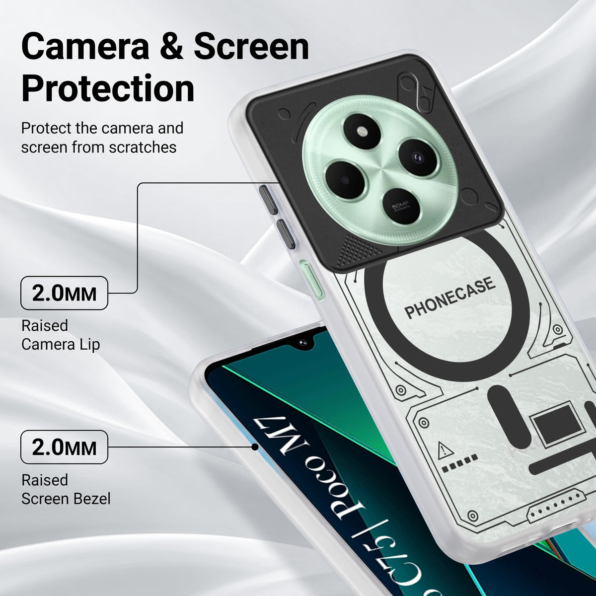 For Poco C75 | Poco M7 Metallic Back Cover Case (Metallic Camera Protection & Buttons | Translucent Milky Shade | Hard Polycarbonate)