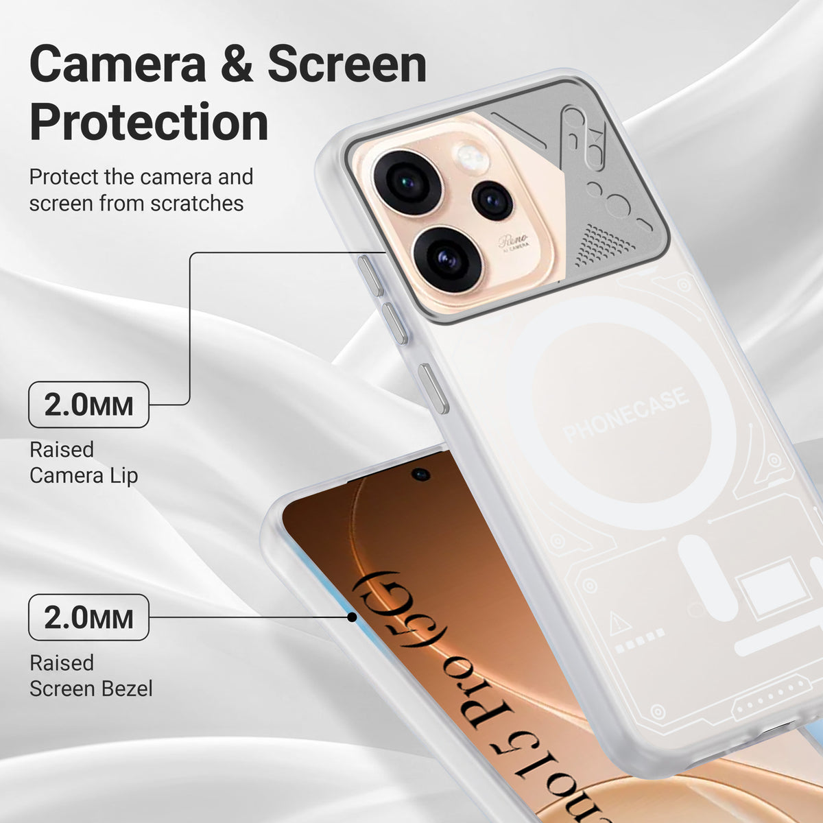For Oppo Reno15 Pro 5G | Oppo Reno 15 Pro 5G Metallic Back Cover Case (Metallic Camera Protection & Buttons | Translucent Milky Shade | Hard Polycarbonate)