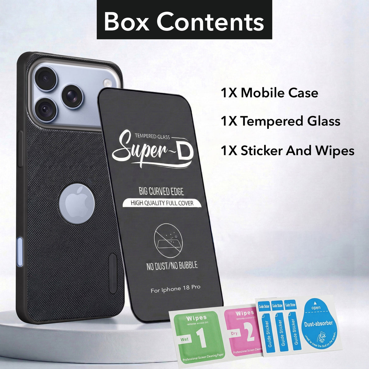 For Apple iPhone 18 Pro Combo with Back Cover and 9H Tempered Glass (Textured Grip Design | Micro-Fiber Cloth Inside | Oleophobic Coating Screen Glass)