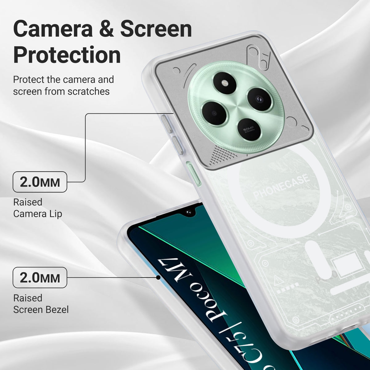 For Poco C75 | Poco M7 Metallic Back Cover Case (Metallic Camera Protection & Buttons | Translucent Milky Shade | Hard Polycarbonate)