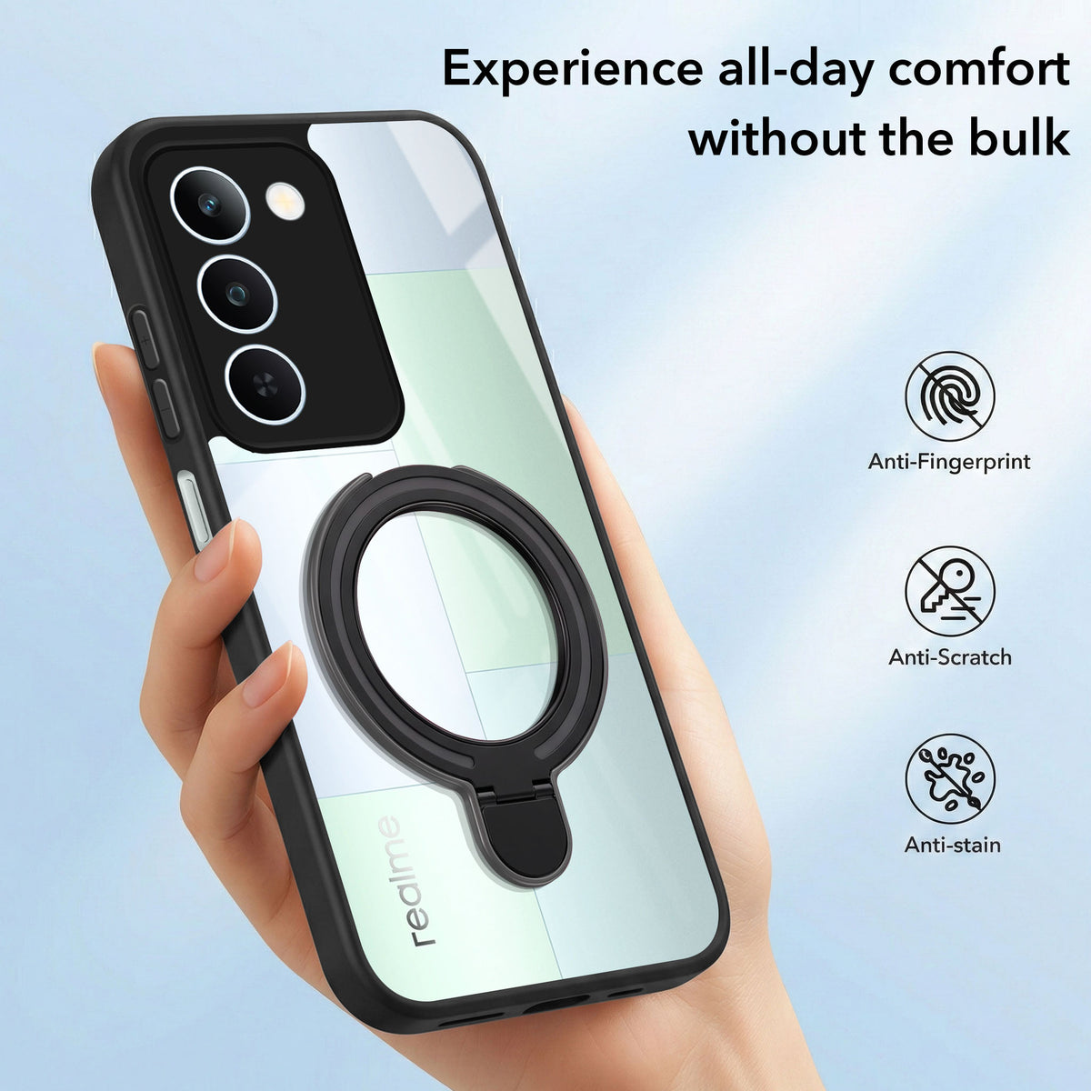 For Realme P4 Lite 5G | Narzo 100 Lite 5G Back Cover Case (Kick Stand Ring Holder | Life time Anti Yellow | Camera Protection)