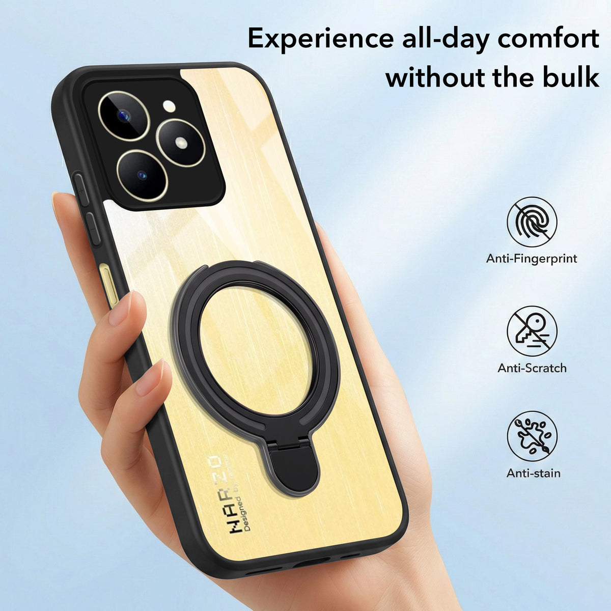 For Realme Narzo N53 Back Cover Case (Kick Stand Ring Holder | Life time Anti Yellow | Camera Protection)