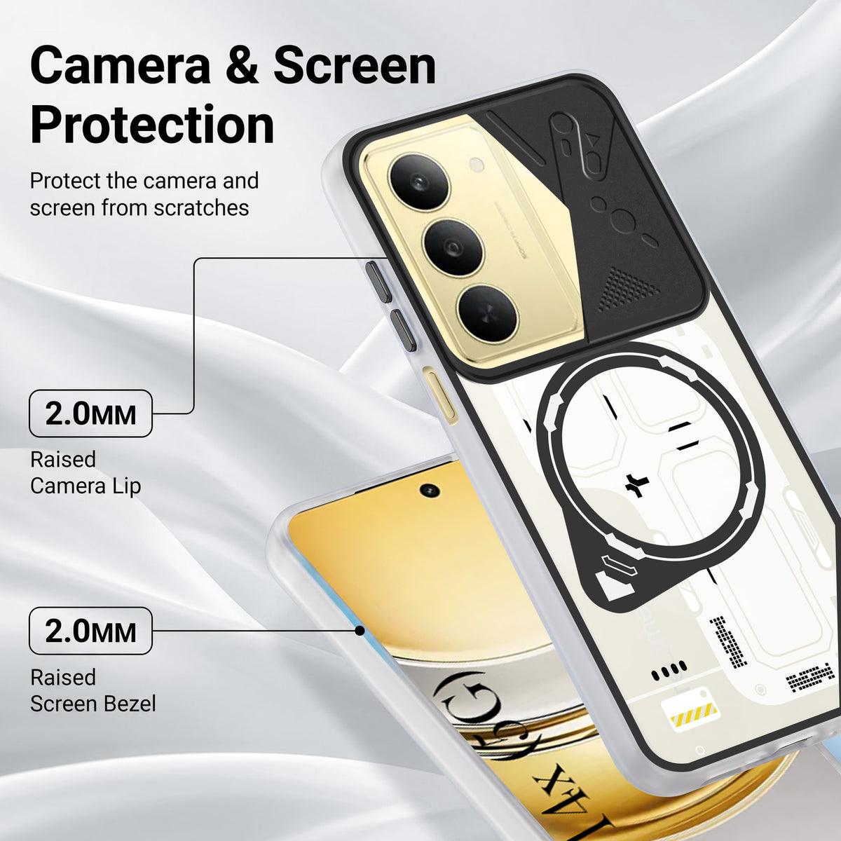 For Realme 14X Metallic Back Cover Case (Metallic Camera Protection & Buttons | Translucent Milky Shade | Hard Polycarbonate)