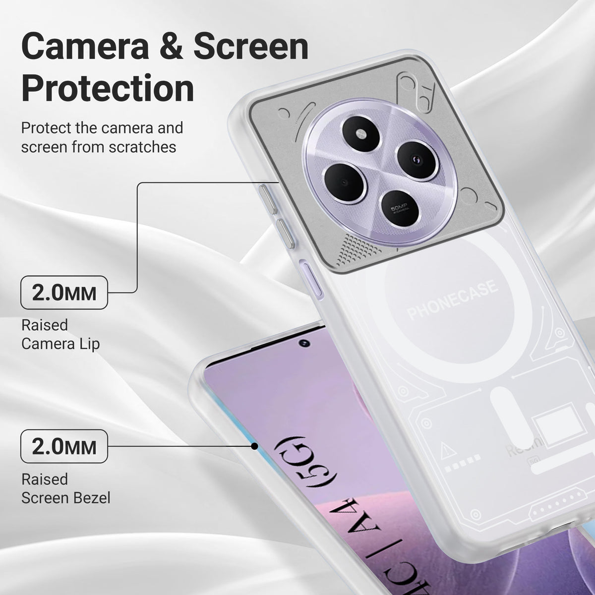 For Redmi A4 5G | Xiaomi Redmi 14C Metallic Back Cover Case (Metallic Camera Protection & Buttons | Translucent Milky Shade | Hard Polycarbonate)