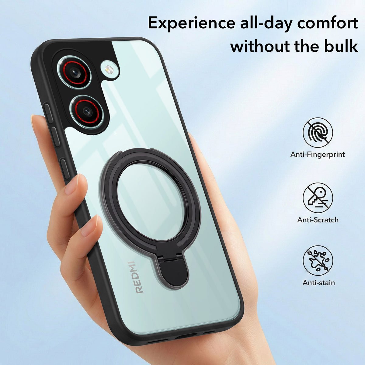For Redmi Turbo 5 Back Cover Case (Kick Stand Ring Holder | Life time Anti Yellow | Camera Protection)