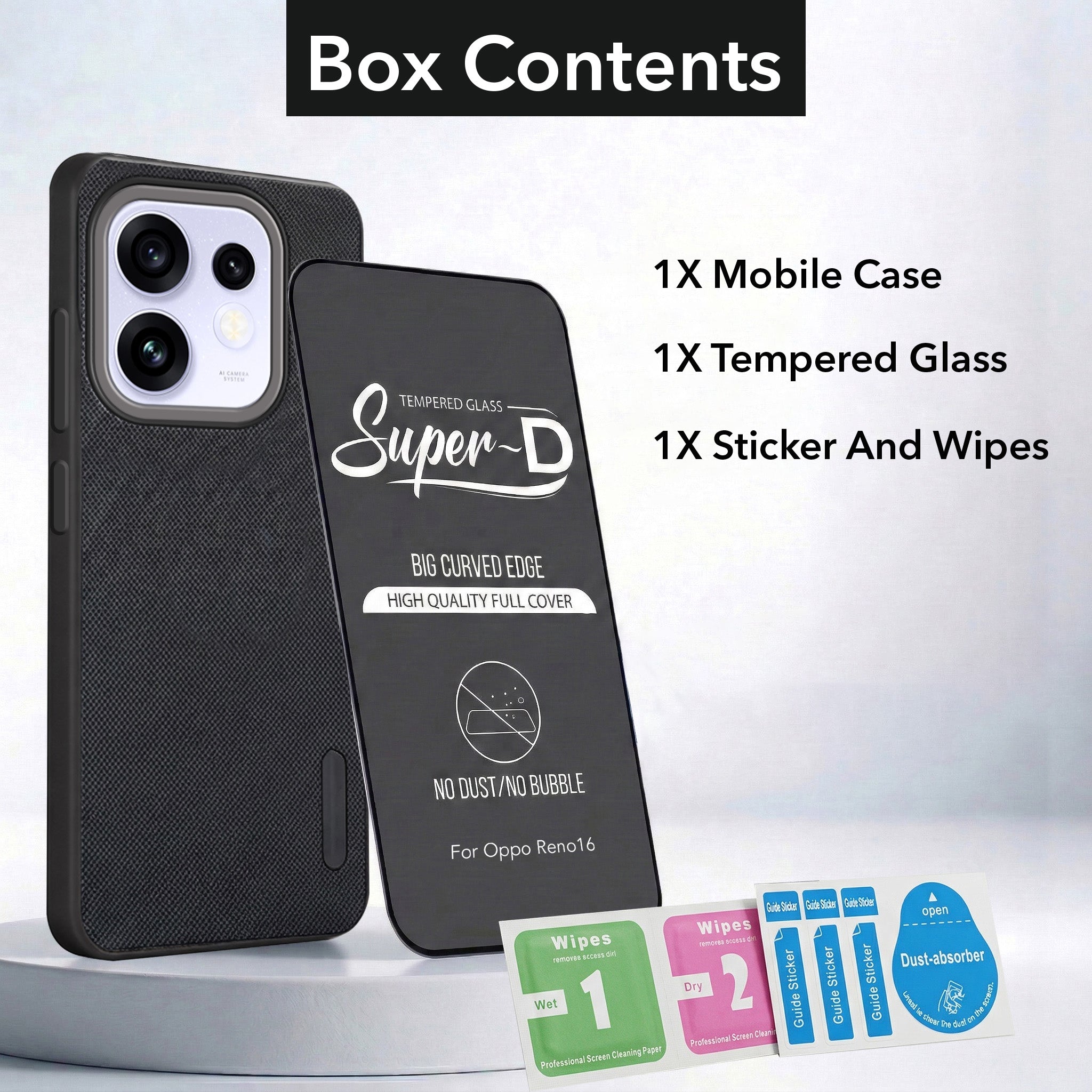 For Oppo Reno 16 Combo with Back Cover and 9H Tempered Glass (Textured Grip Design | Micro-Fiber Cloth Inside | Oleophobic Coating Screen Glass)