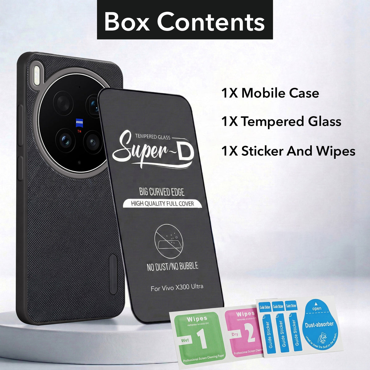 For Vivo X300 Ultra Combo with Back Cover and 9H Tempered Glass (Textured Grip Design | Micro-Fiber Cloth Inside | Oleophobic Coating Screen Glass)