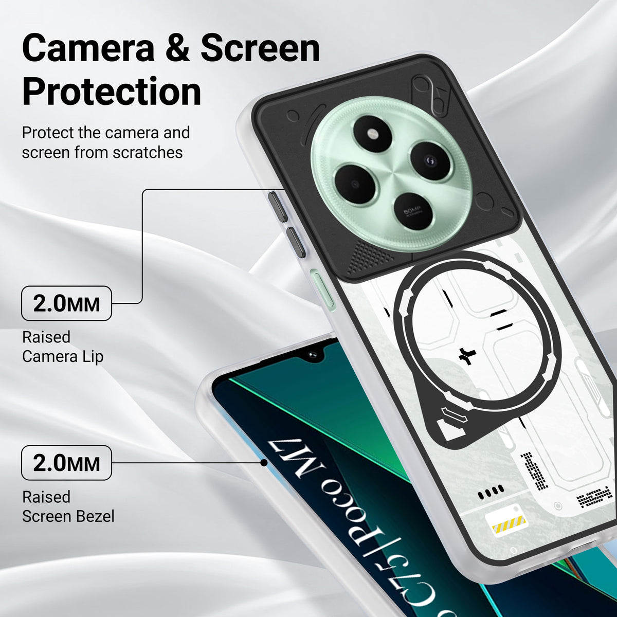 For Poco C75 | Poco M7 Metallic Back Cover Case (Metallic Camera Protection & Buttons | Translucent Milky Shade | Hard Polycarbonate)