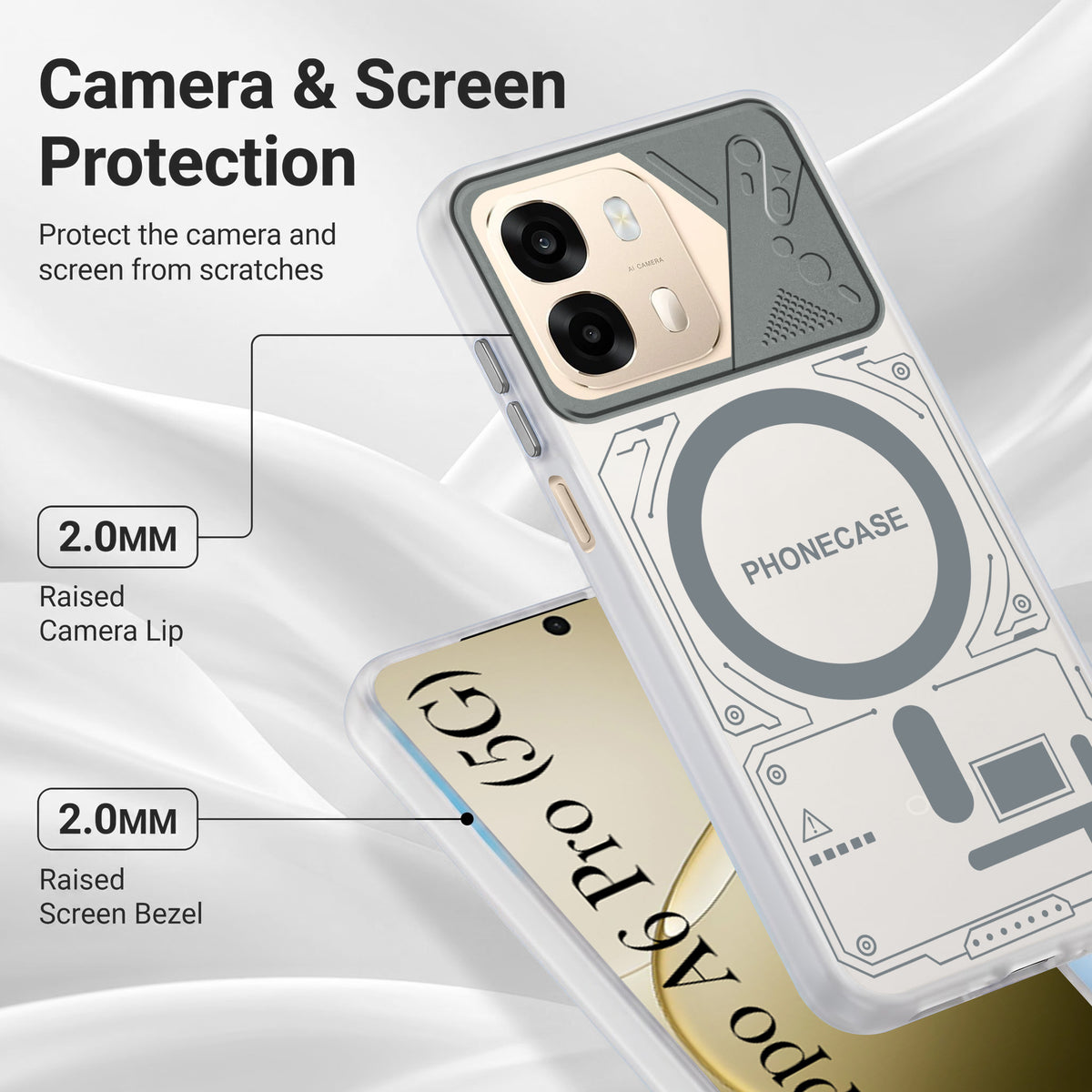 For Oppo A6 Pro Metallic Back Cover Case (Metallic Camera Protection & Buttons | Translucent Milky Shade | Hard Polycarbonate)