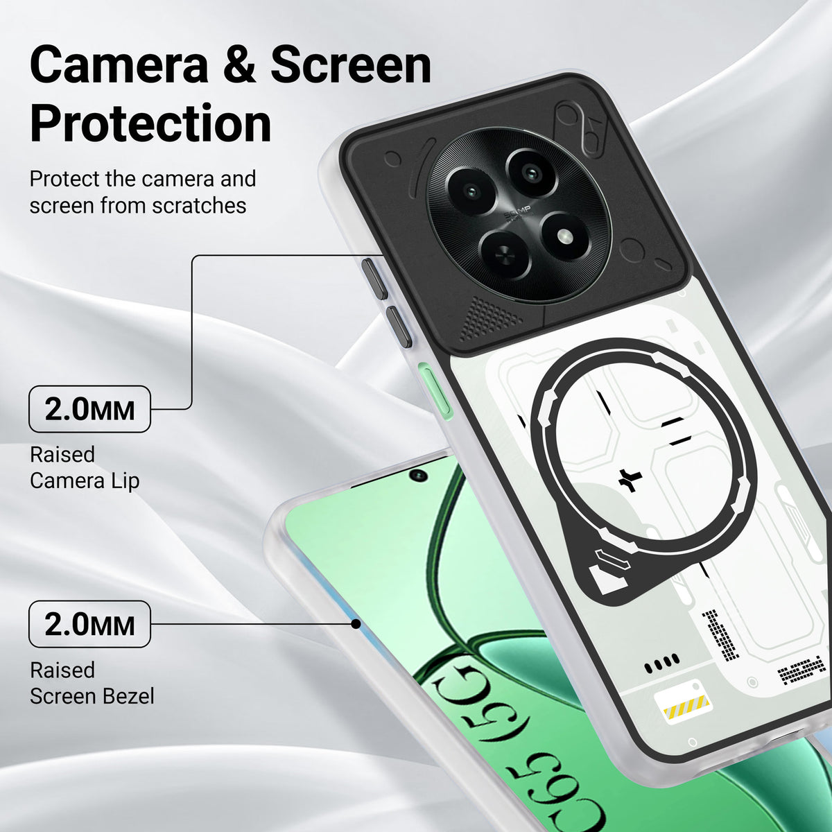 For Realme C65 5G Metallic Back Cover Case (Metallic Camera Protection & Buttons | Translucent Milky Shade | Hard Polycarbonate)