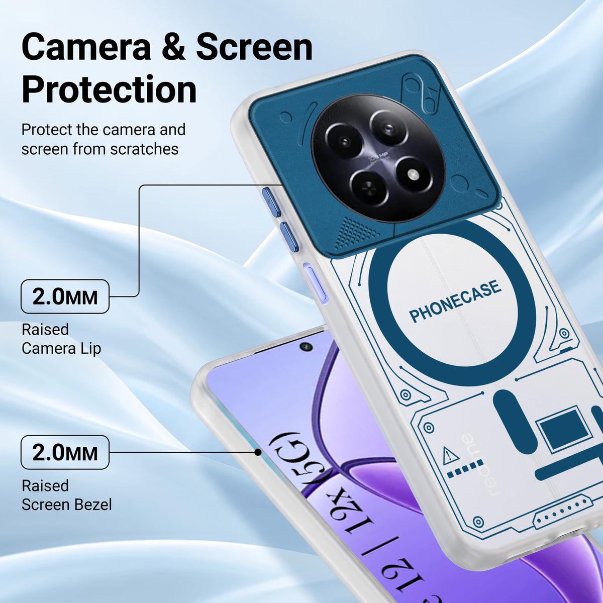 For Realme 12 | Realme 12X Metallic Back Cover Case (Metallic Camera Protection & Buttons | Translucent Milky Shade | Hard Polycarbonate)