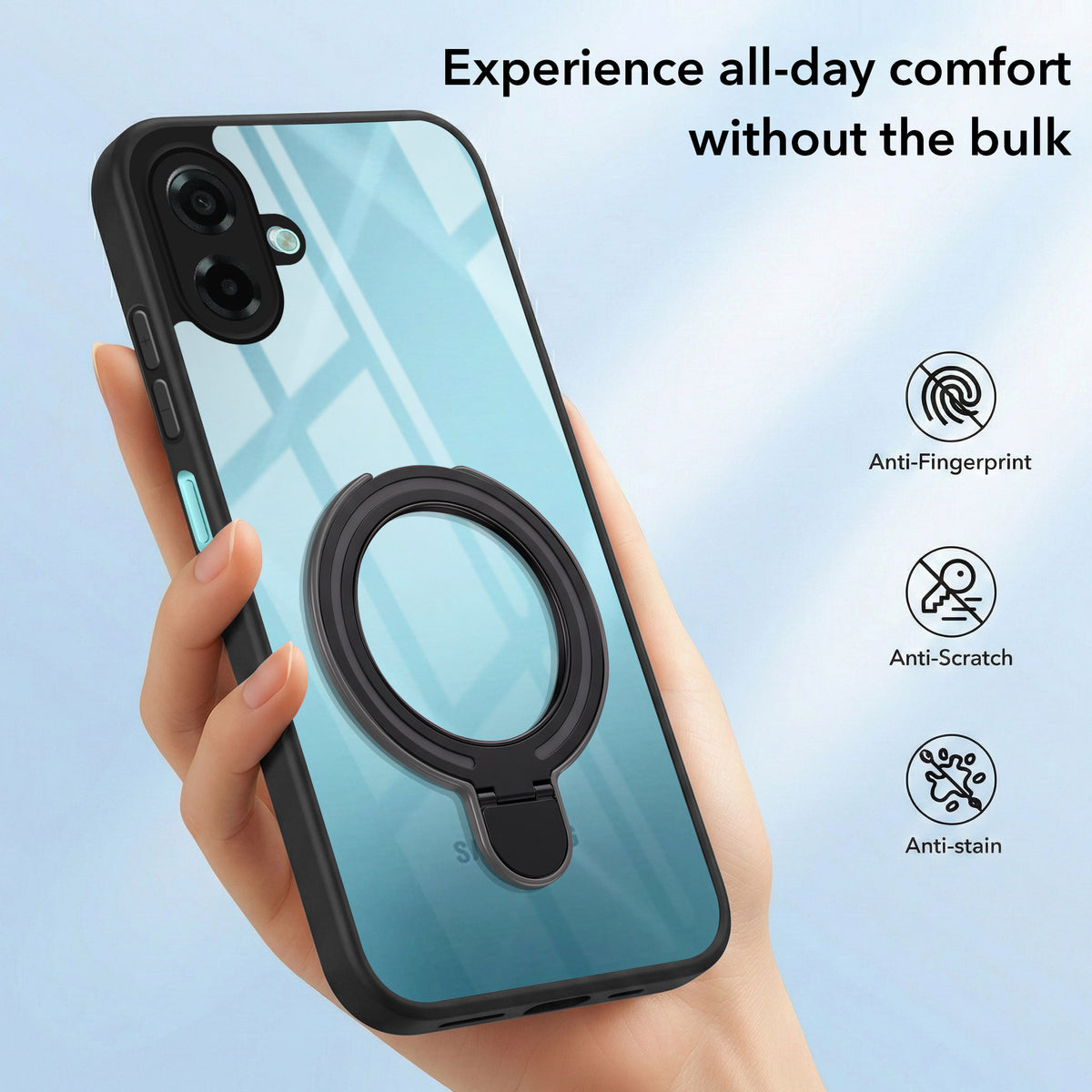 For Samsung Galaxy M17e Back Cover Case (Kick Stand Ring Holder | Life time Anti Yellow | Camera Protection)