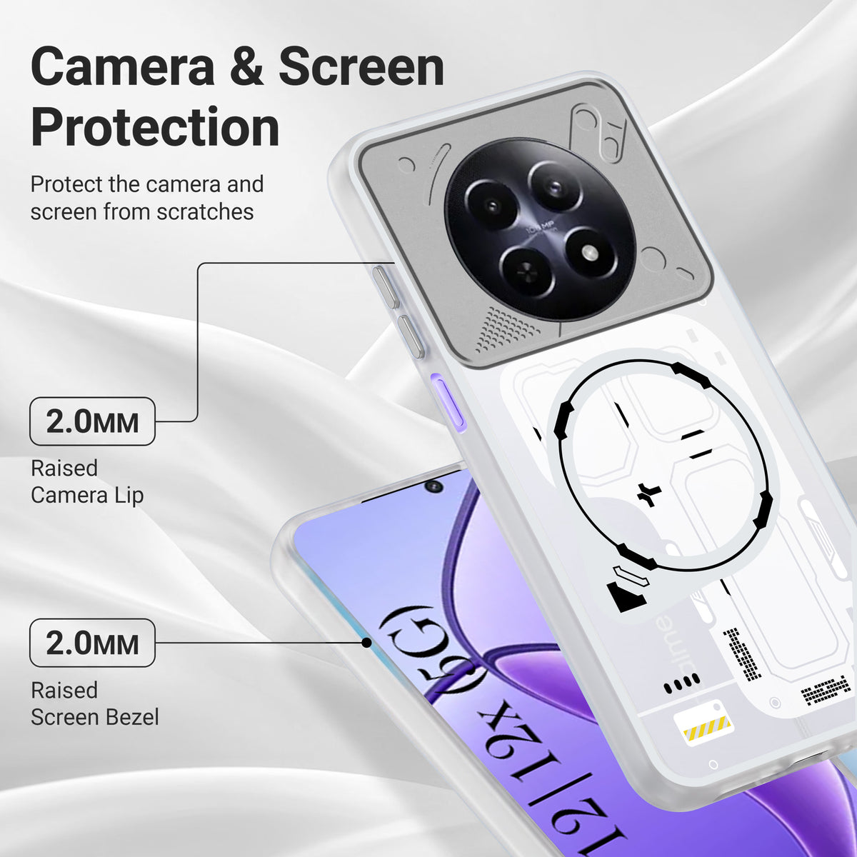 For Realme 12 | Realme 12X Metallic Back Cover Case (Metallic Camera Protection & Buttons | Translucent Milky Shade | Hard Polycarbonate)