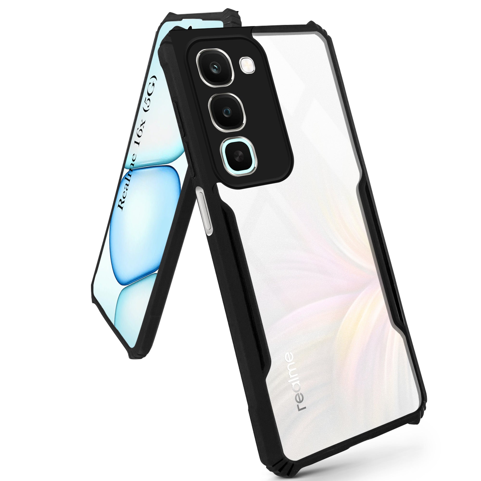 For Realme 16x Back Cover Case Hybrid (Shockproof with Polycarbonate Clear Panel | Professional Black)