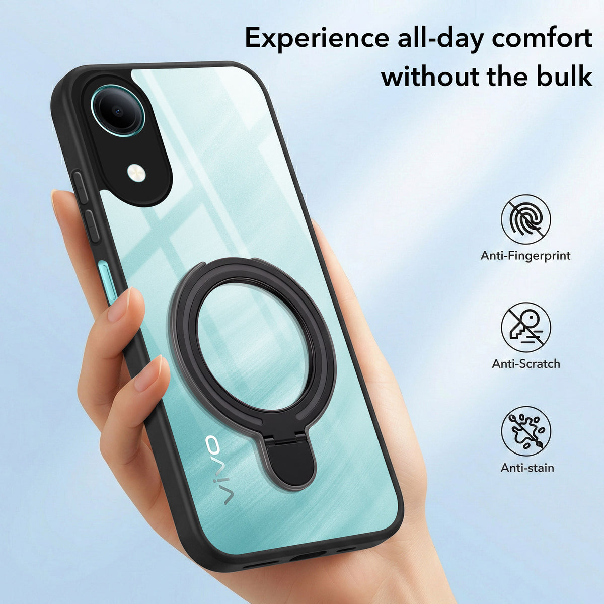 For Vivo T5e 4G Back Cover Case (Kick Stand Ring Holder | Life time Anti Yellow | Camera Protection)
