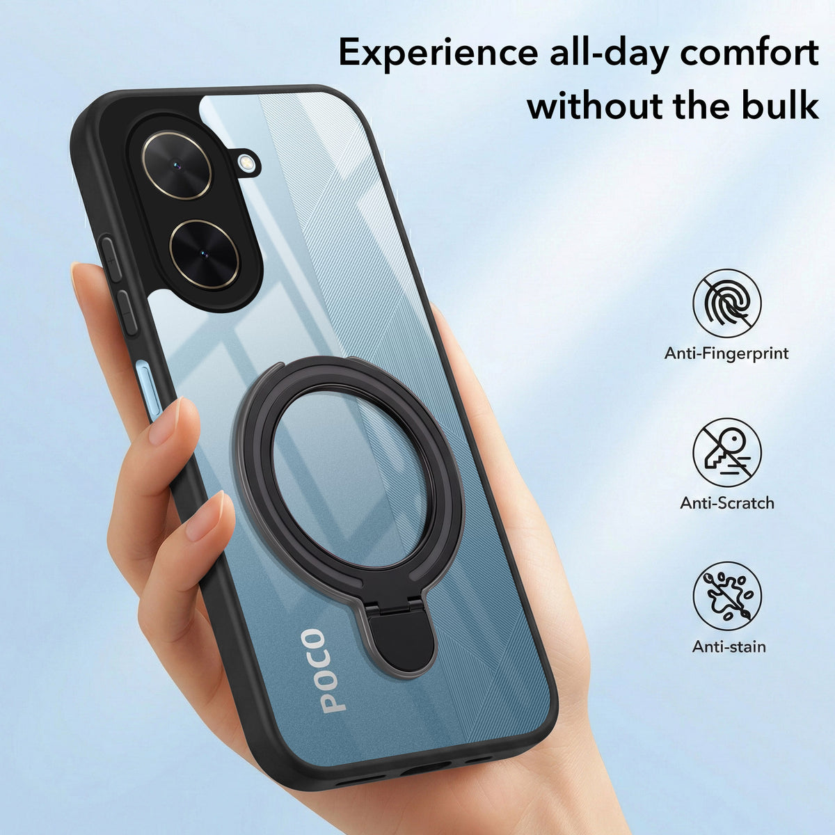 For Poco C71 Back Cover Case (Kick Stand Ring Holder | Life time Anti Yellow | Camera Protection)