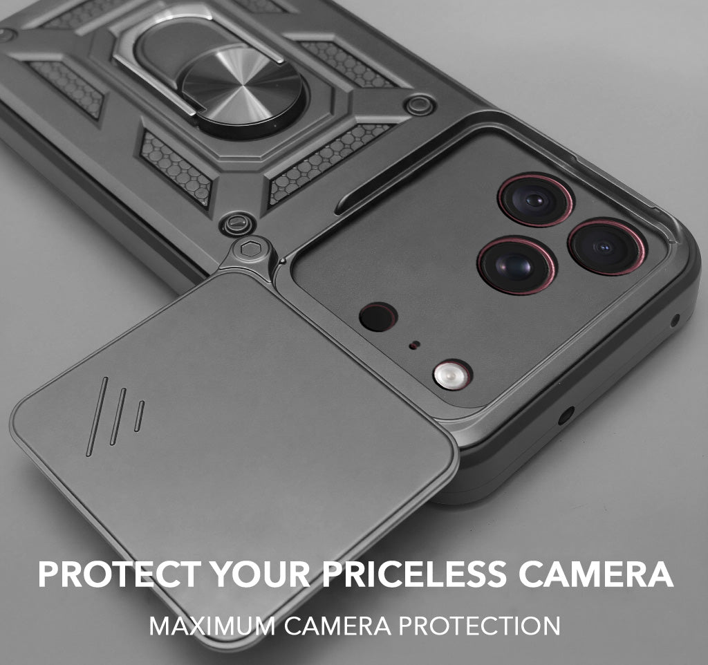 For Apple iPhone 18 Pro Max Back Cover Case Hybrid Armor (Sliding Shutter Camera Protection | Polycarbonate |Ring Holder Kickstand)