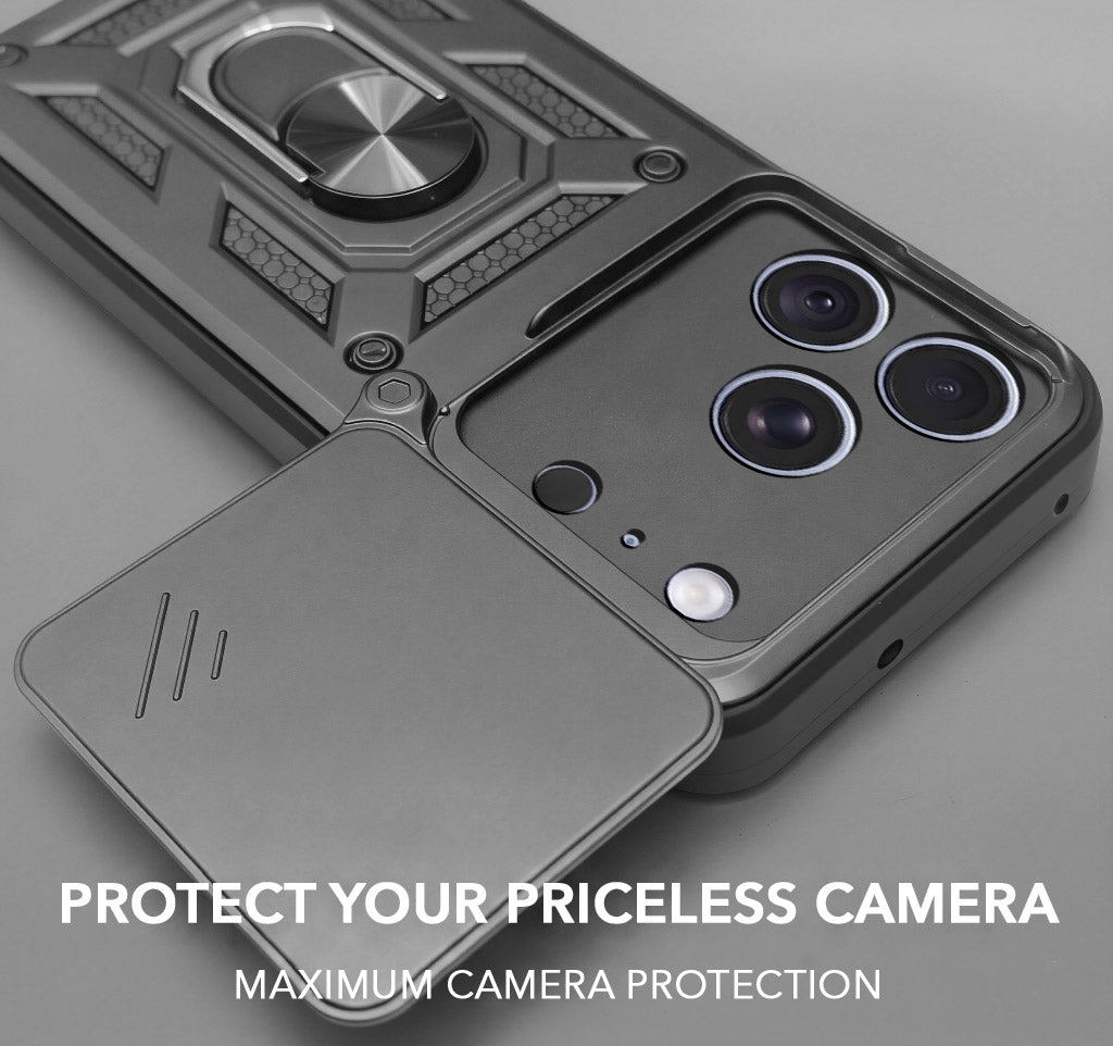 For Apple iPhone 18 Pro Back Cover Case Hybrid Armor (Sliding Shutter Camera Protection | Polycarbonate |Ring Holder Kickstand)