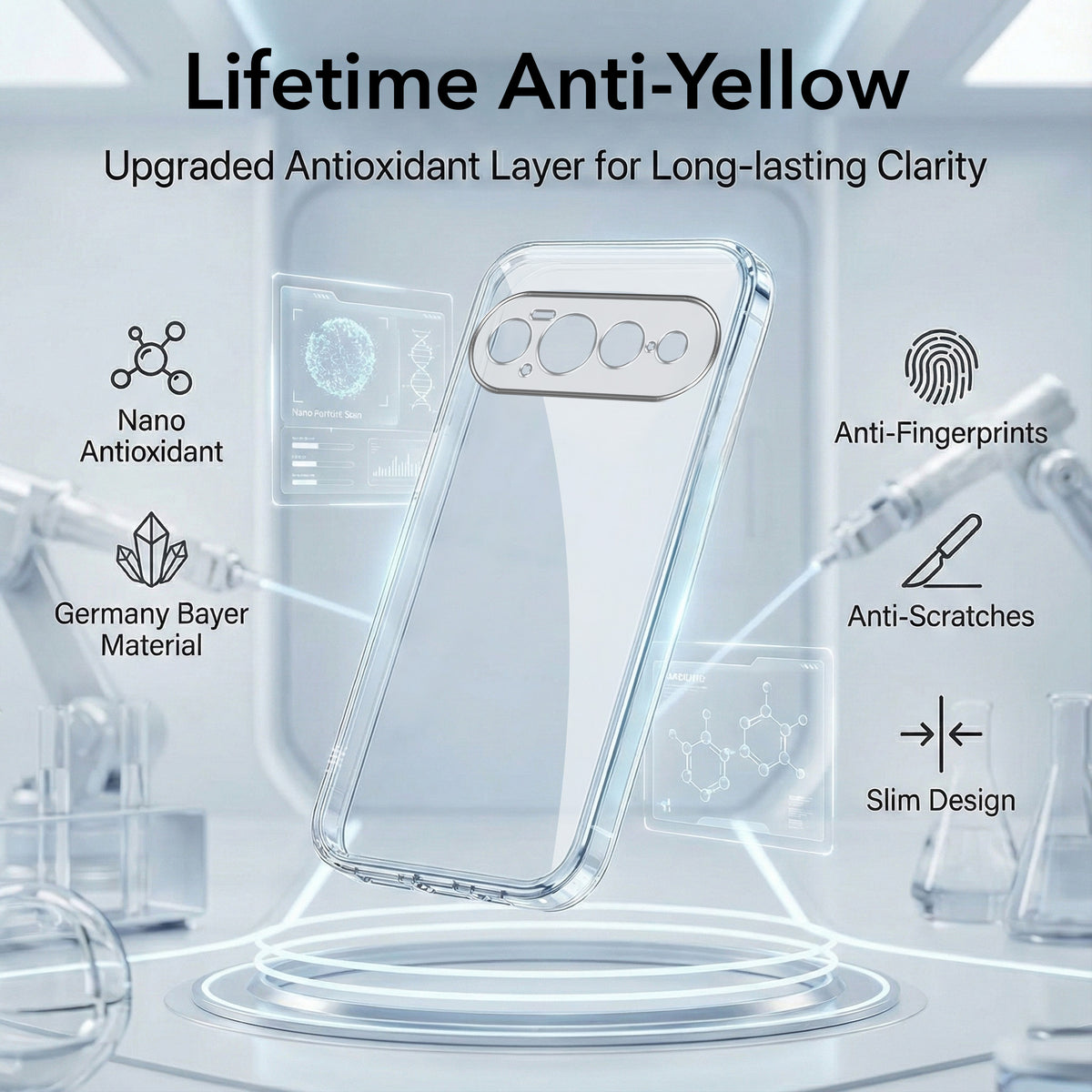 For Google Pixel 11 Pro XL Combo with Back Cover and 9H Tempered Glass (Lifetime Anti-Yellow | Sleek Hard Crystal | Oleophobic Coating Screen Glass)