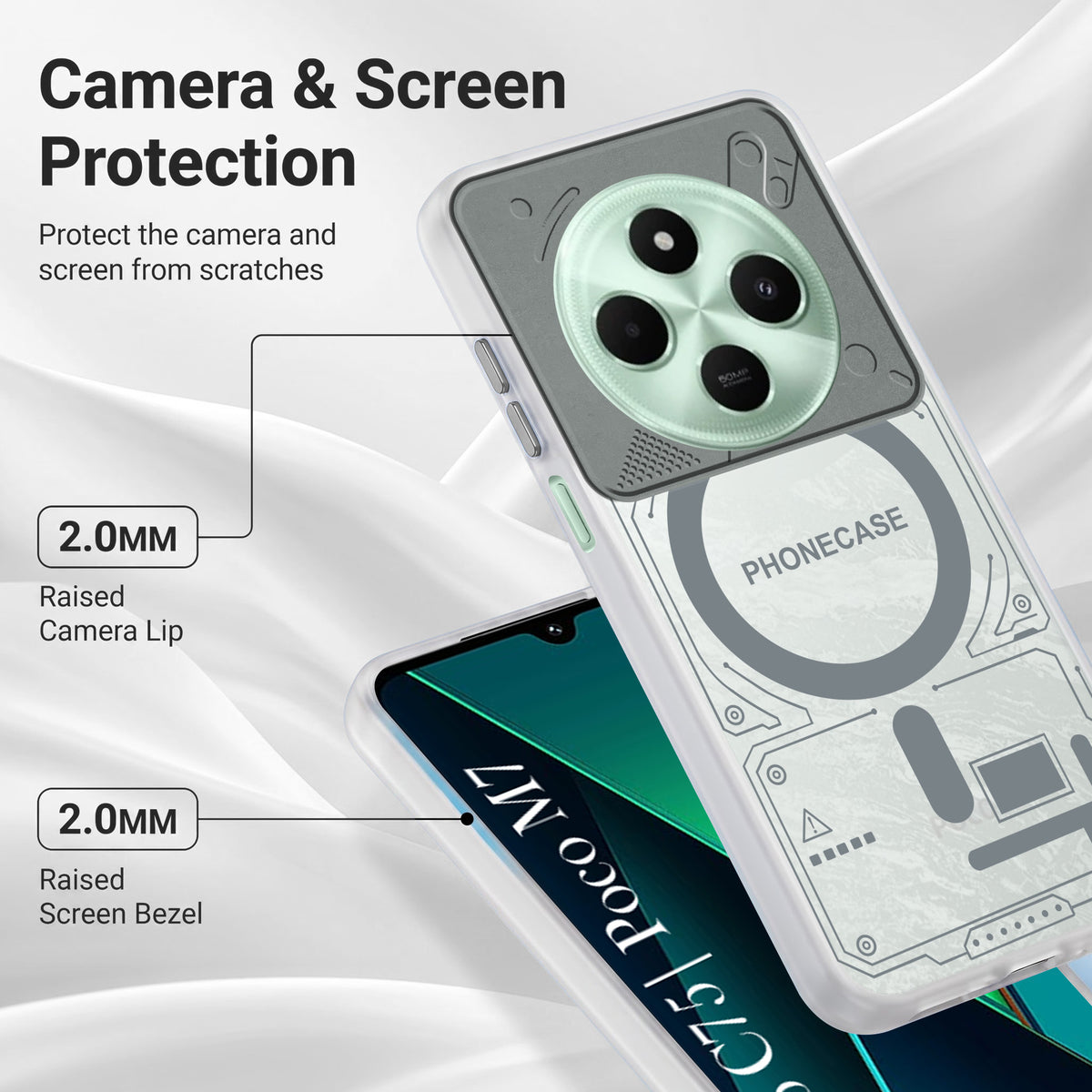 For Poco C75 | Poco M7 Metallic Back Cover Case (Metallic Camera Protection & Buttons | Translucent Milky Shade | Hard Polycarbonate)