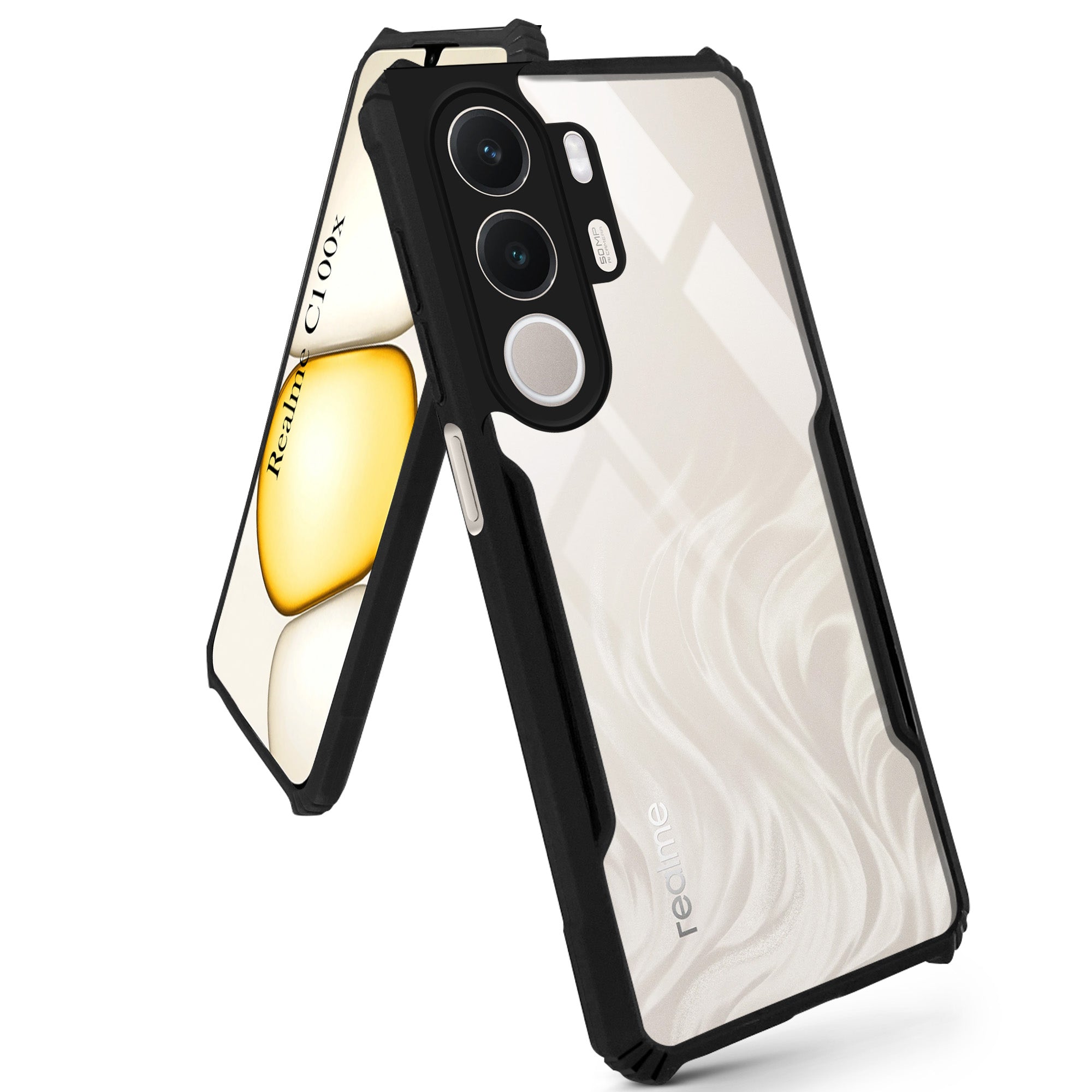 For Realme C100X Back Cover Case Hybrid (Shockproof with Polycarbonate Clear Panel | Professional Black)