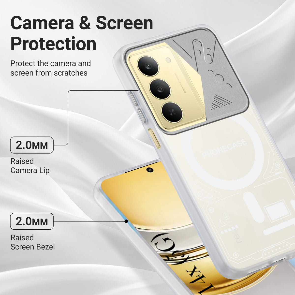 For Realme 14X Metallic Back Cover Case (Metallic Camera Protection & Buttons | Translucent Milky Shade | Hard Polycarbonate)