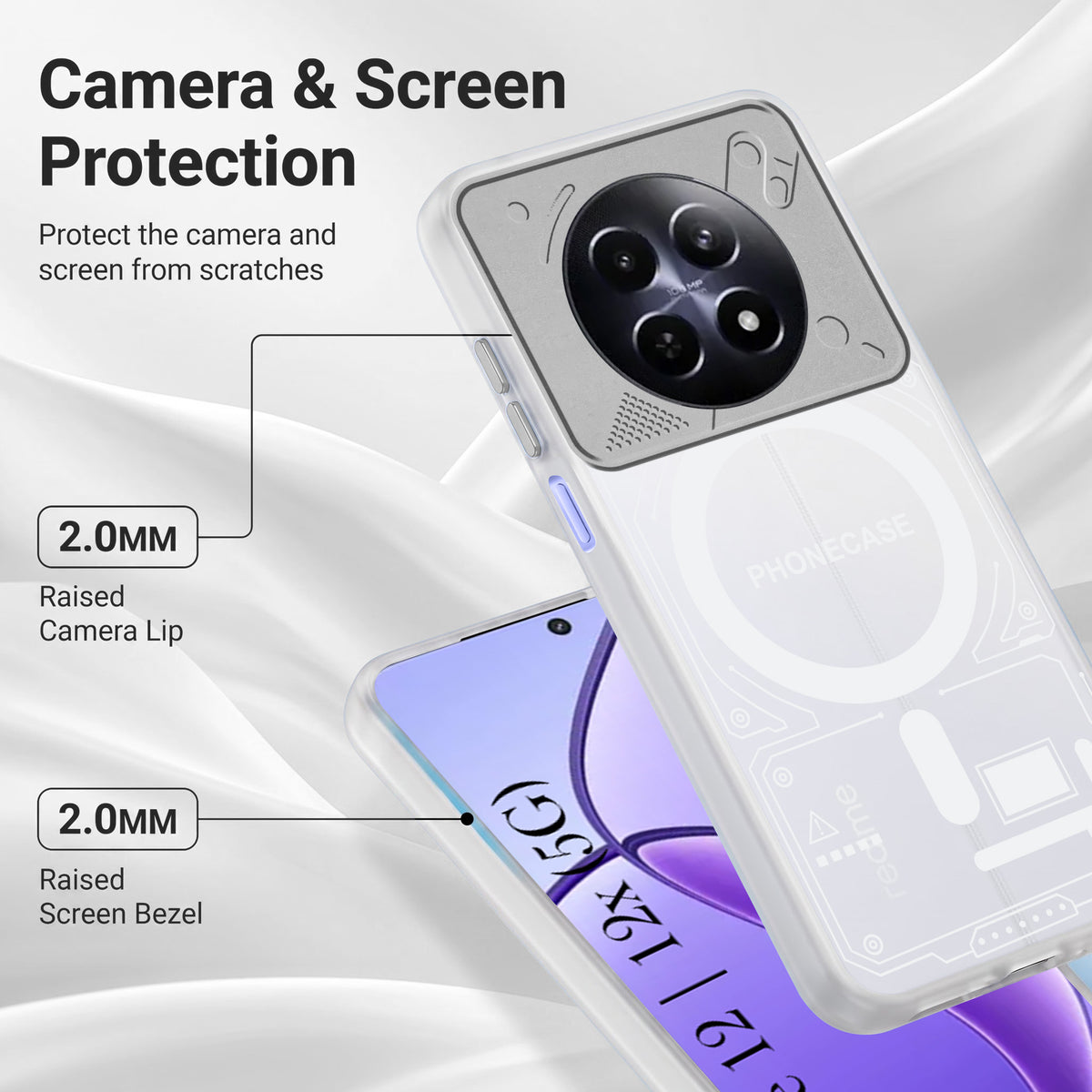For Realme 12 | Realme 12X Metallic Back Cover Case (Metallic Camera Protection & Buttons | Translucent Milky Shade | Hard Polycarbonate)