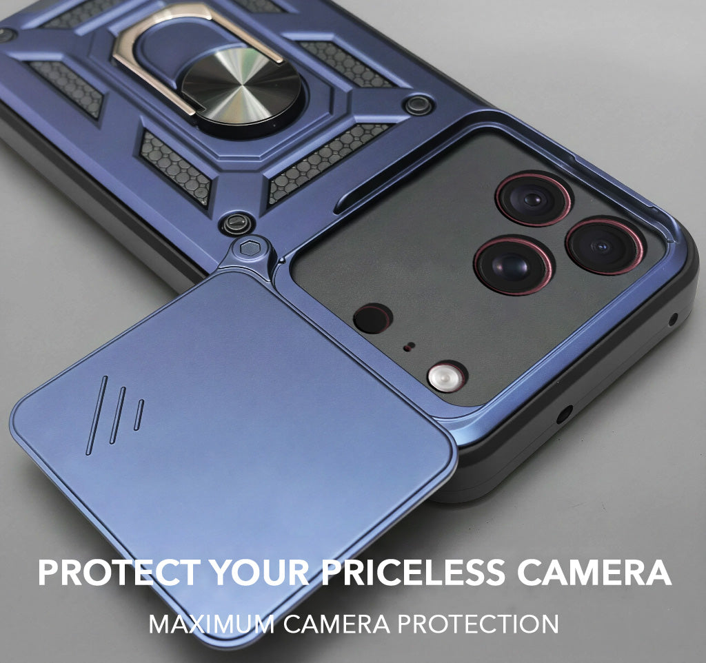 For Apple iPhone 18 Pro Max Back Cover Case Hybrid Armor (Sliding Shutter Camera Protection | Polycarbonate |Ring Holder Kickstand)