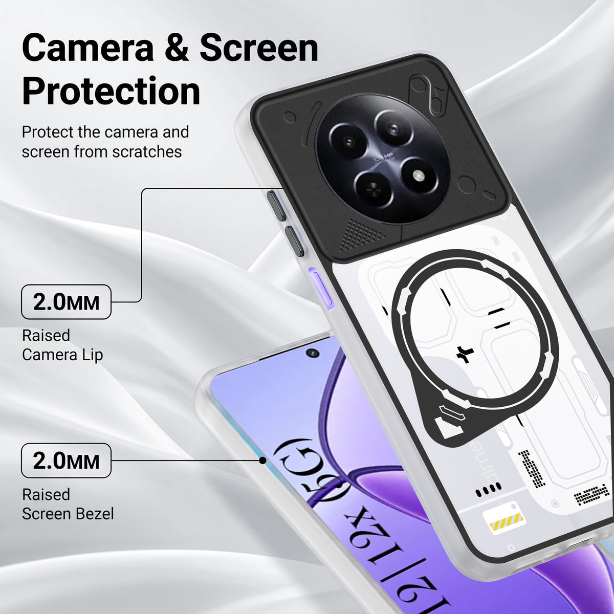 For Realme 12 | Realme 12X Metallic Back Cover Case (Metallic Camera Protection & Buttons | Translucent Milky Shade | Hard Polycarbonate)