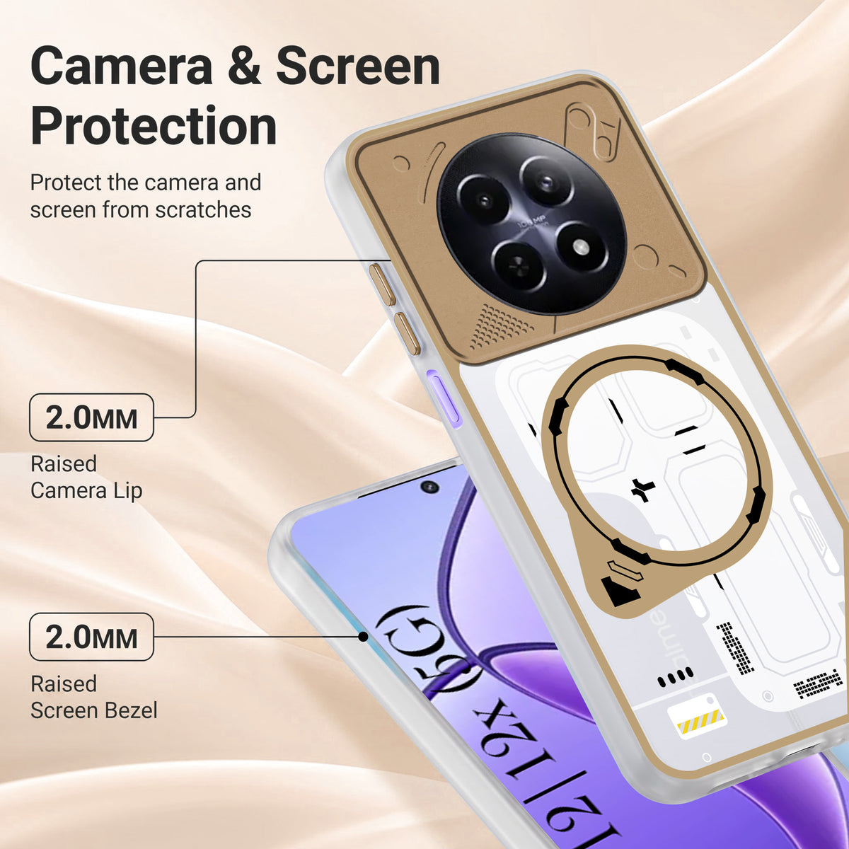 For Realme 12 | Realme 12X Metallic Back Cover Case (Metallic Camera Protection & Buttons | Translucent Milky Shade | Hard Polycarbonate)