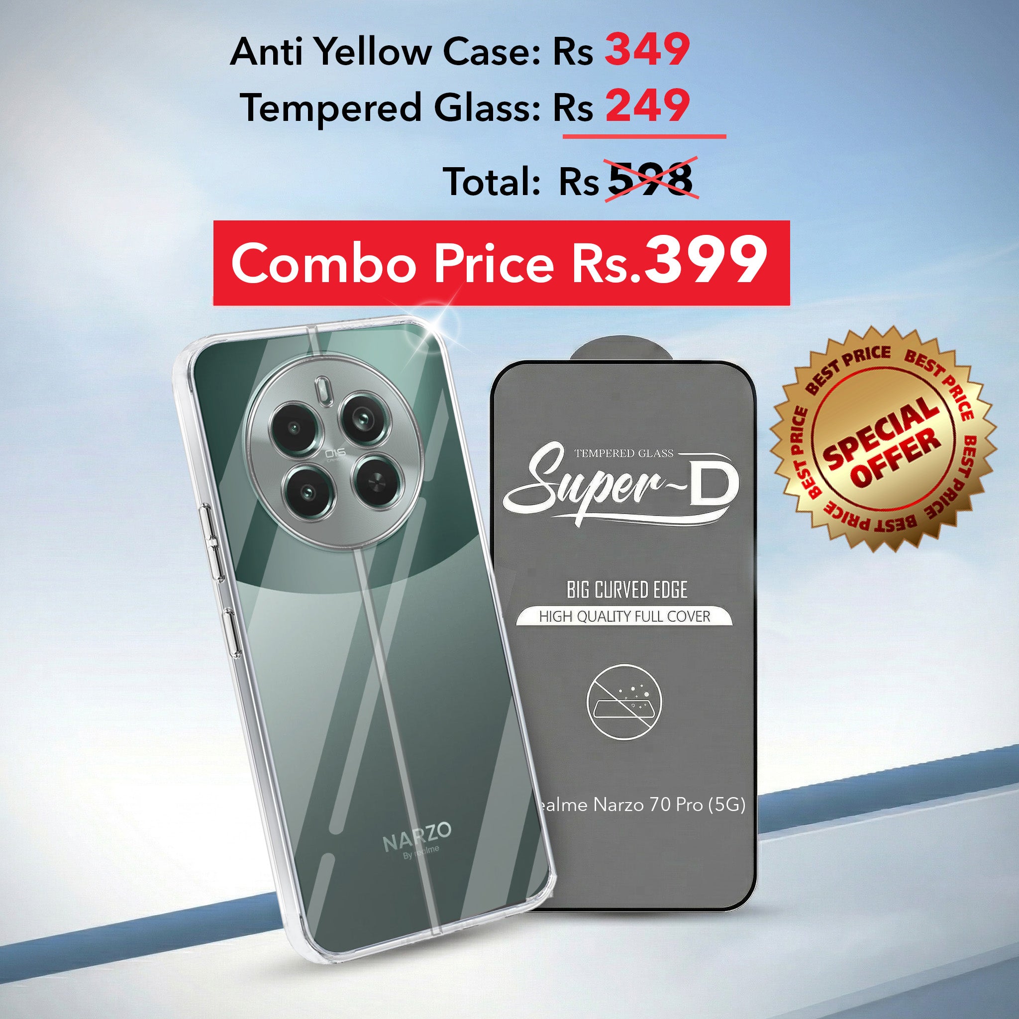 For Realme Narzo 70 Pro Combo with Back Cover and 9H Tempered Glass (Lifetime Anti-Yellow | Sleek Hard Crystal | Oleophobic Coating Screen Glass)