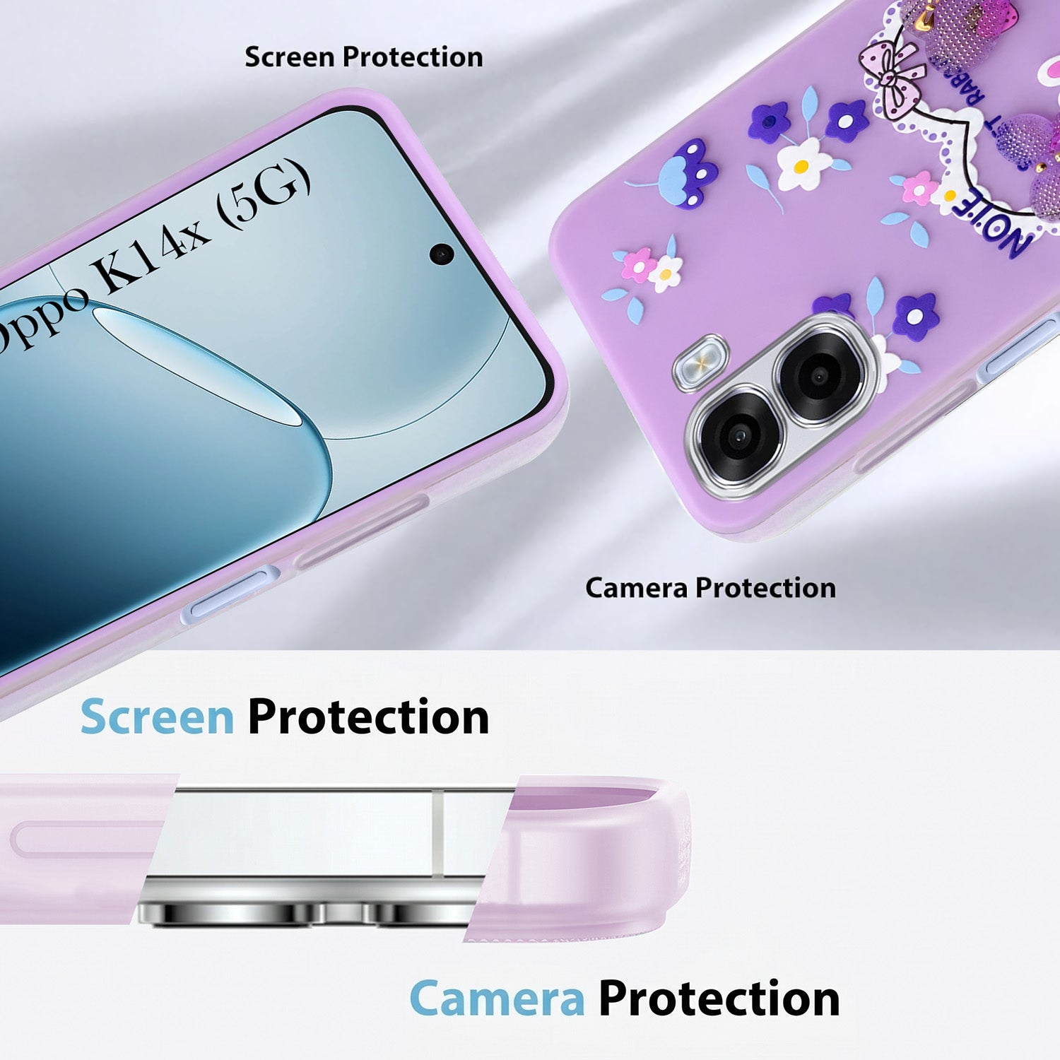 For Oppo K14x 5G Back Cover Case (3D Cute Heart Strap Holder | Camera Protection | Designer Girls Print)