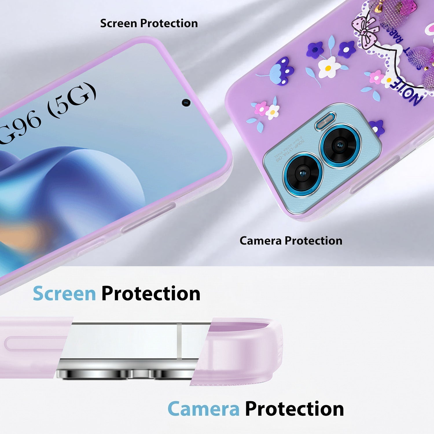 For Motorola Moto G96 Back Cover Case (3D Cute Heart Strap Holder | Camera Protection | Designer Girls Print)