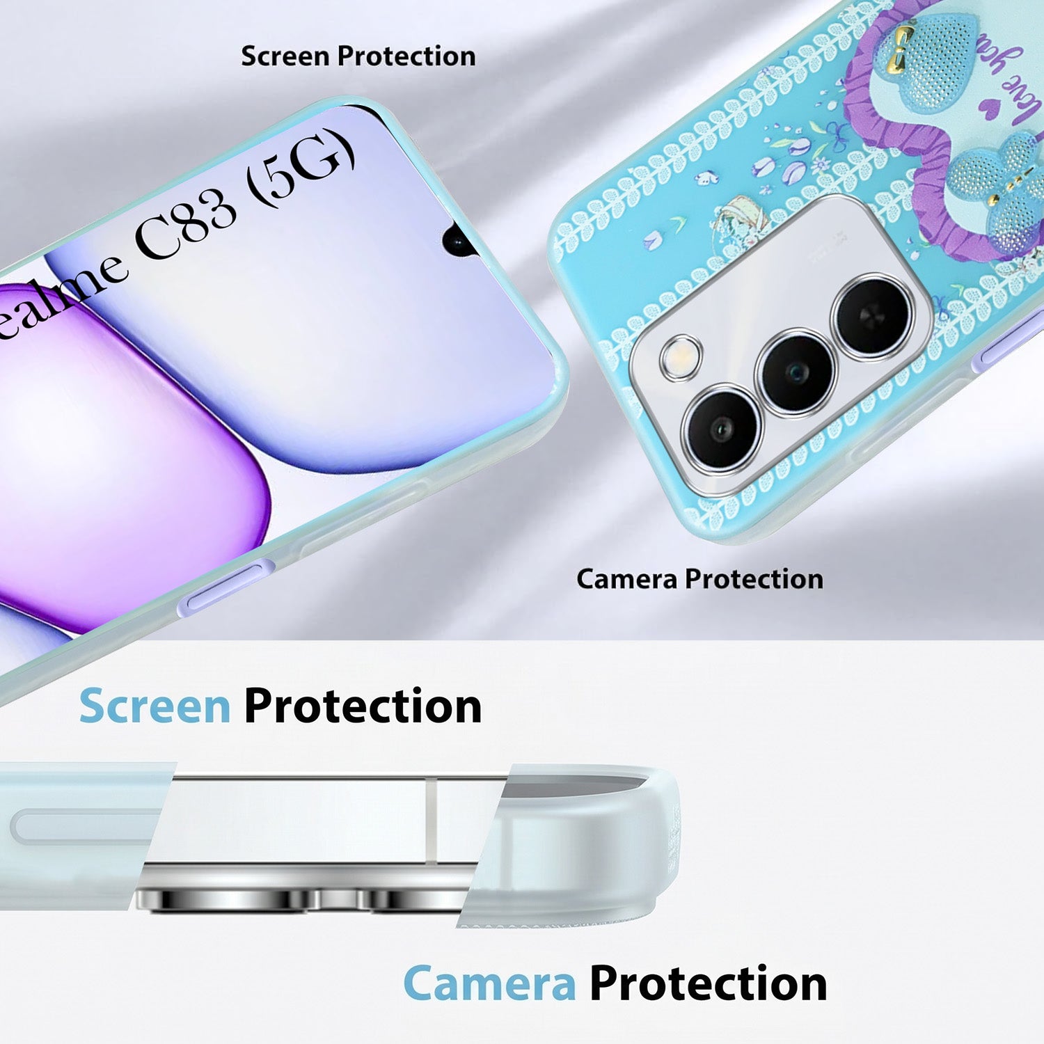 For Realme C83 5G Back Cover Case (3D Cute Heart Strap Holder | Camera Protection | Designer Girls Print)