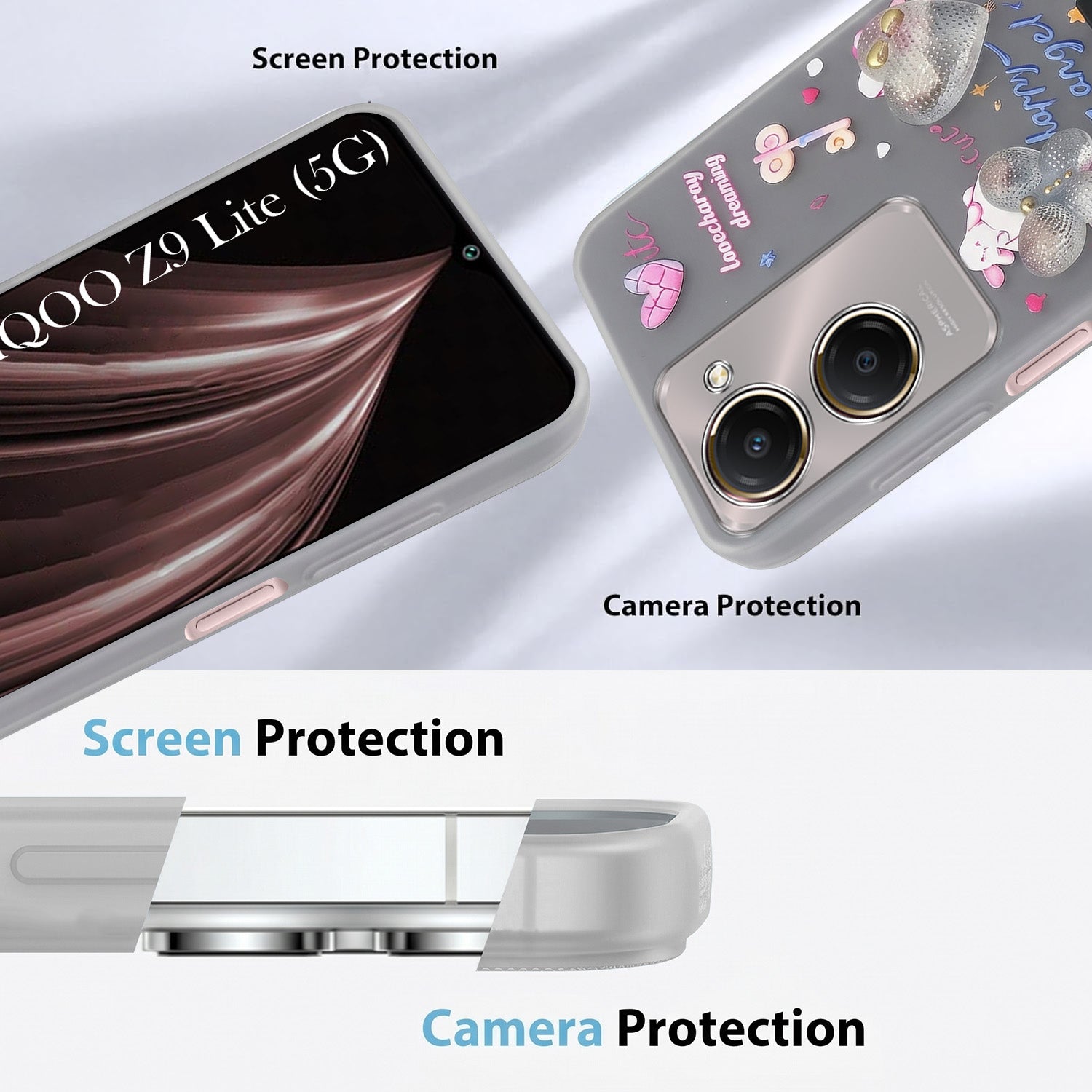For Vivo iQOO Z9 Lite 5G Back Cover Case (3D Cute Heart Strap Holder | Camera Protection | Designer Girls Print)