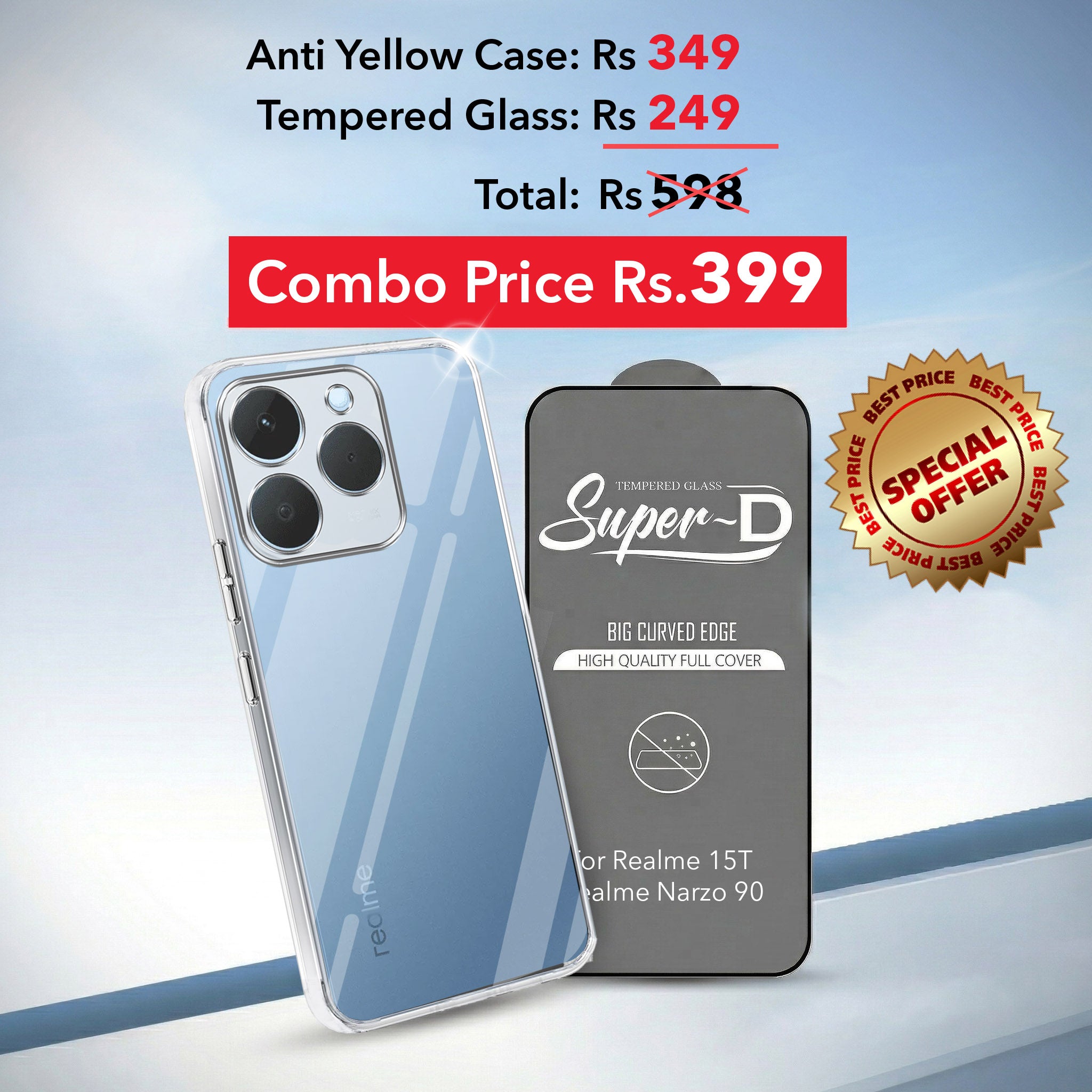 For Realme 15T | Realme Narzo 90 Combo with Back Cover and 9H Tempered Glass (Lifetime Anti-Yellow | Sleek Hard Crystal | Oleophobic Coating Screen Glass)