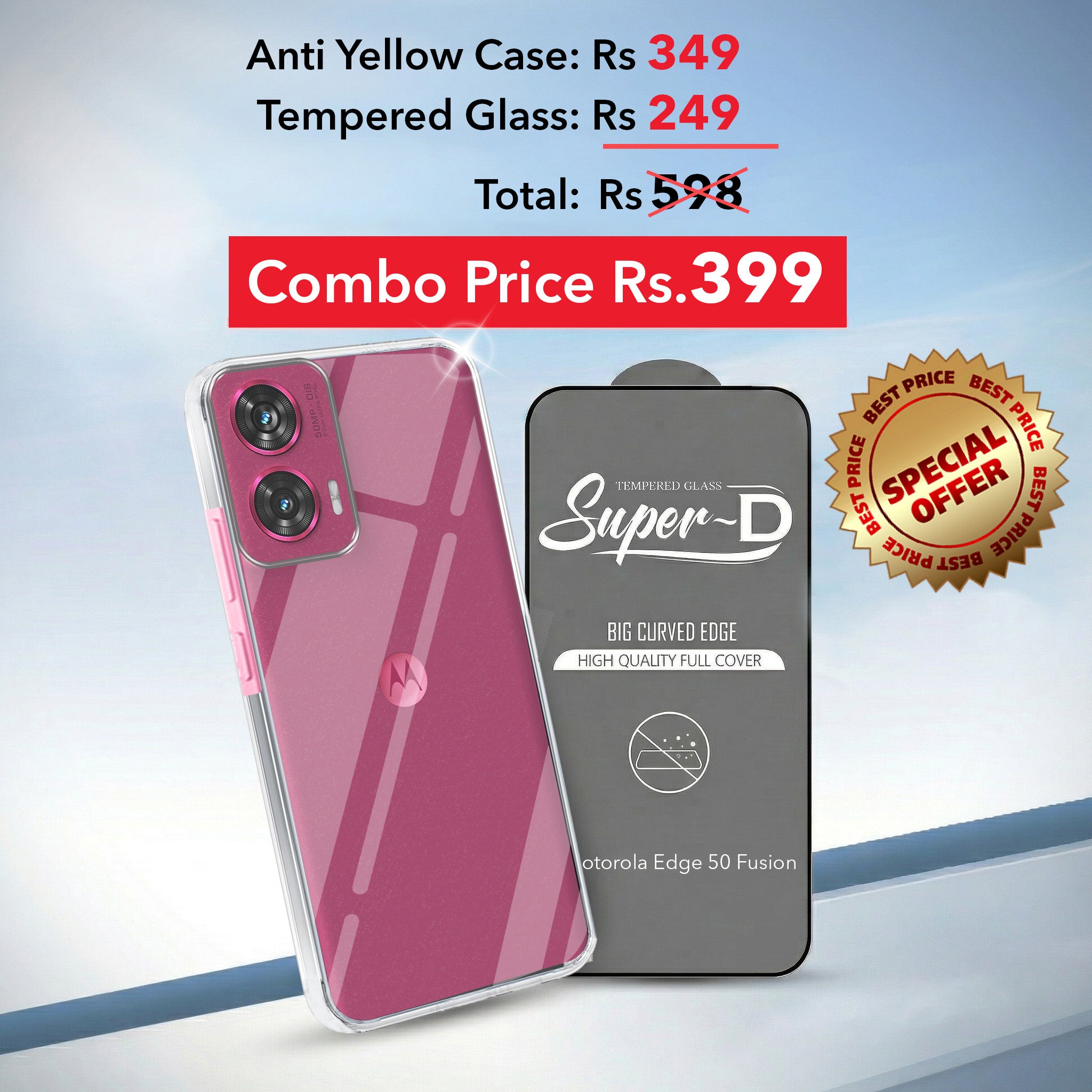 For Motorola Moto Edge 50 Fusion Combo with Back Cover and 9H Tempered Glass (Lifetime Anti-Yellow | Sleek Hard Crystal | Oleophobic Coating Screen Glass)