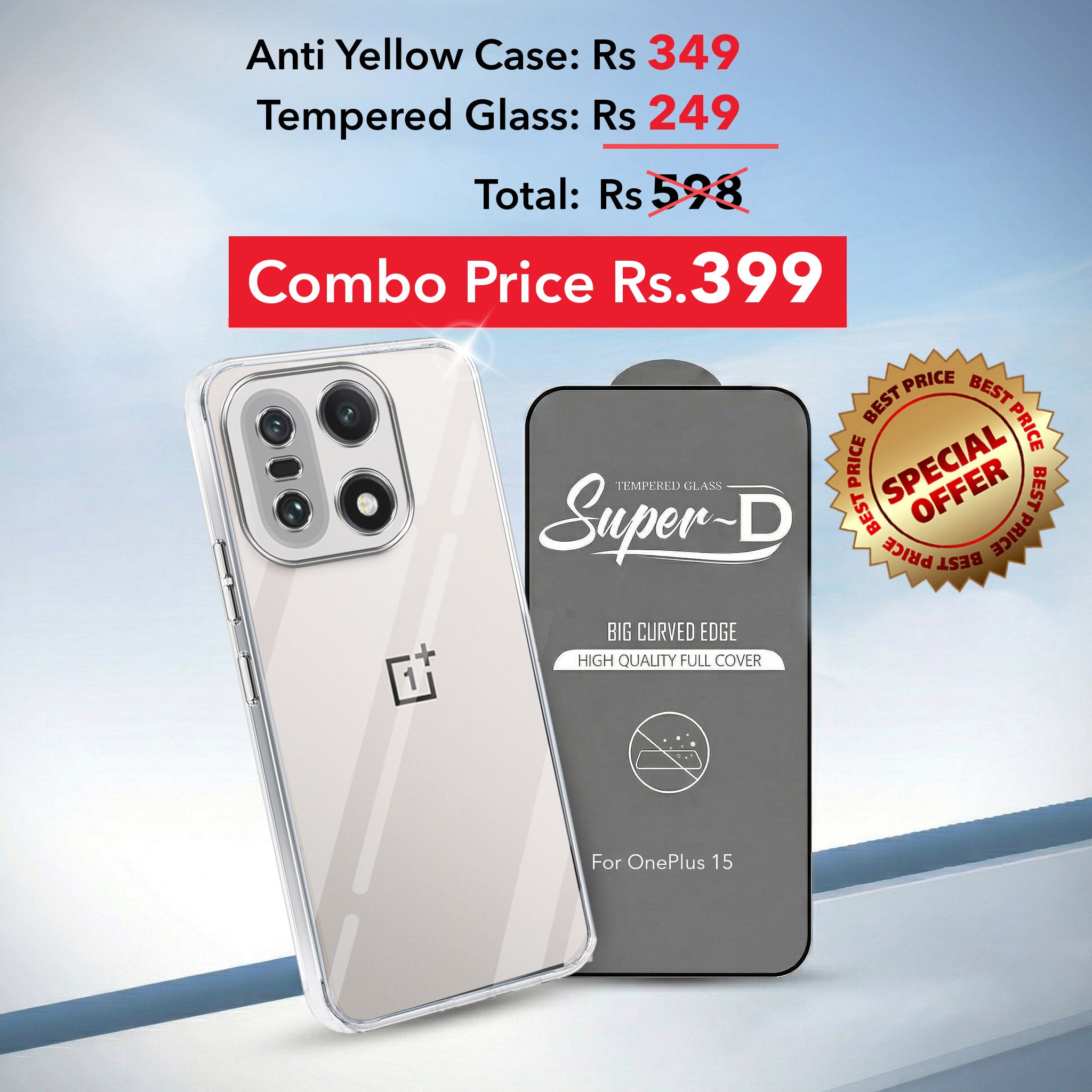 For OnePlus 15 5G Combo with Back Cover and 9H Tempered Glass (Lifetime Anti-Yellow | Sleek Hard Crystal | Oleophobic Coating Screen Glass)