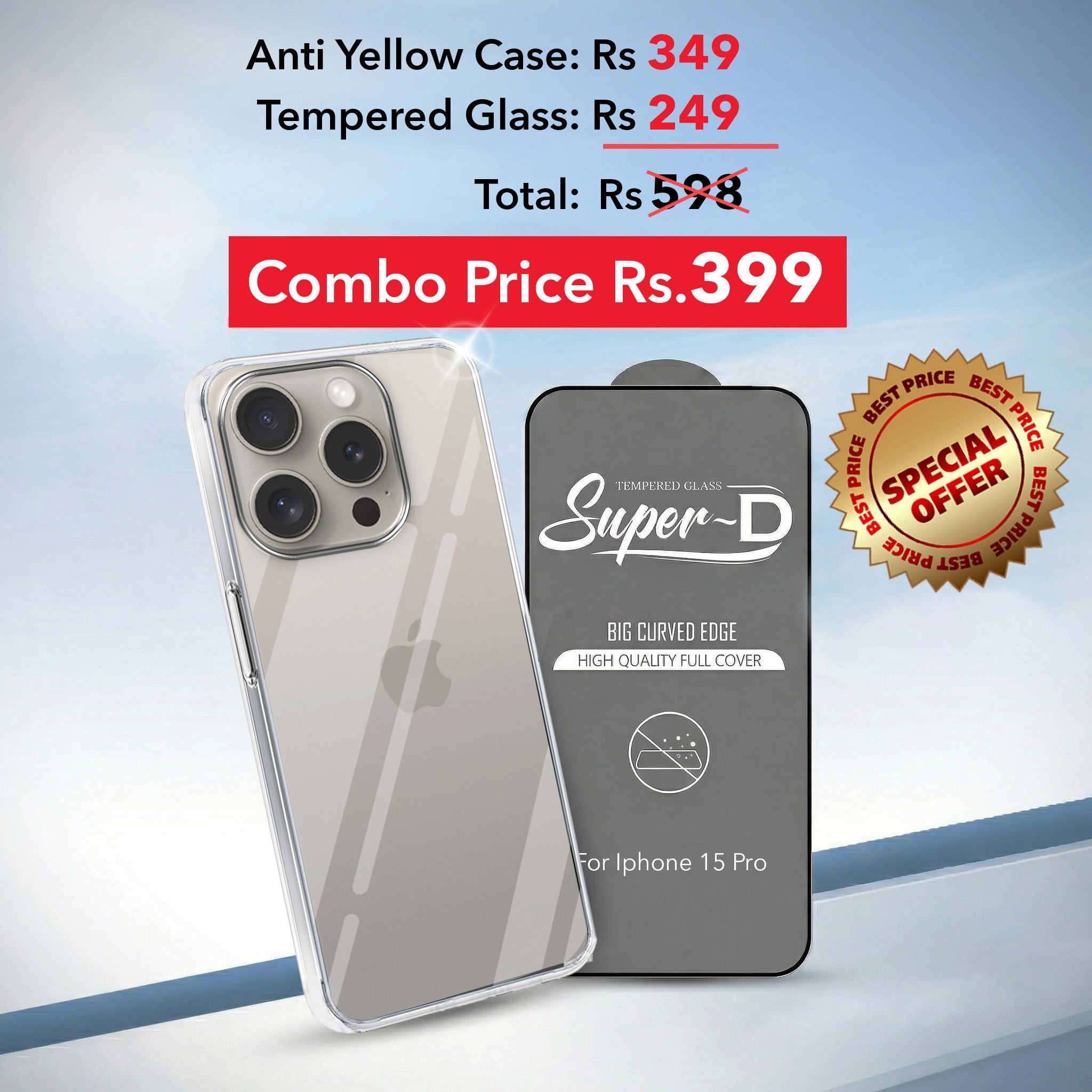 For Apple iPhone 15 Pro Combo with Back Cover and 9H Tempered Glass (Lifetime Anti-Yellow | Sleek Hard Crystal | Oleophobic Coating Screen Glass)