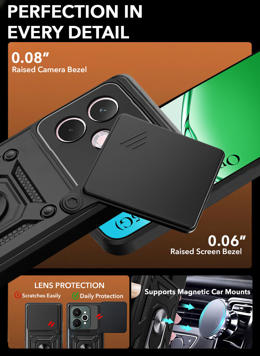 For Oppo A5 Pro Back Cover Case Hybrid Armor (Sliding Shutter Camera Protection | Polycarbonate |Ring Holder Kickstand)