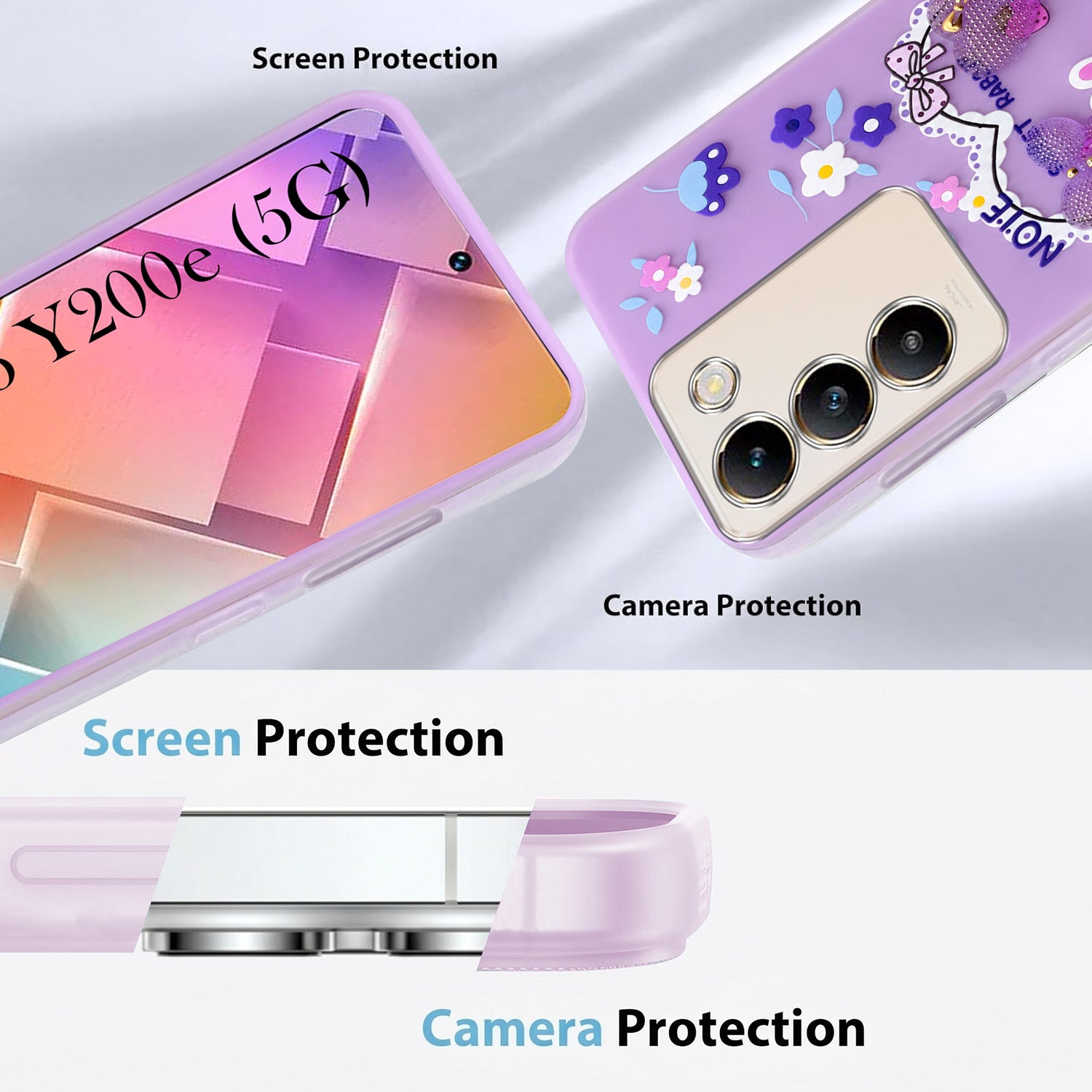 For Vivo Y200e Back Cover Case (3D Cute Heart Strap Holder | Camera Protection | Designer Girls Print)