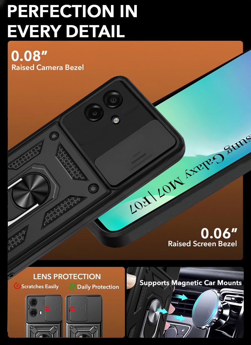 For Samsung Galaxy M07 | Samsung Galaxy F07 Back Cover Case Hybrid Armor (Sliding Shutter Camera Protection | Polycarbonate |Ring Holder Kickstand)