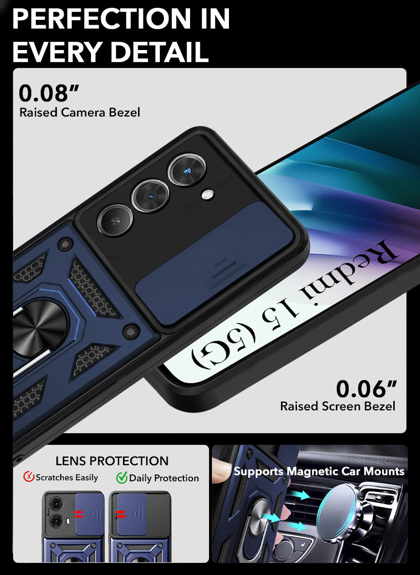 For Redmi 15 Back Cover Case Hybrid Armor (Sliding Shutter Camera Protection | Polycarbonate |Ring Holder Kickstand)