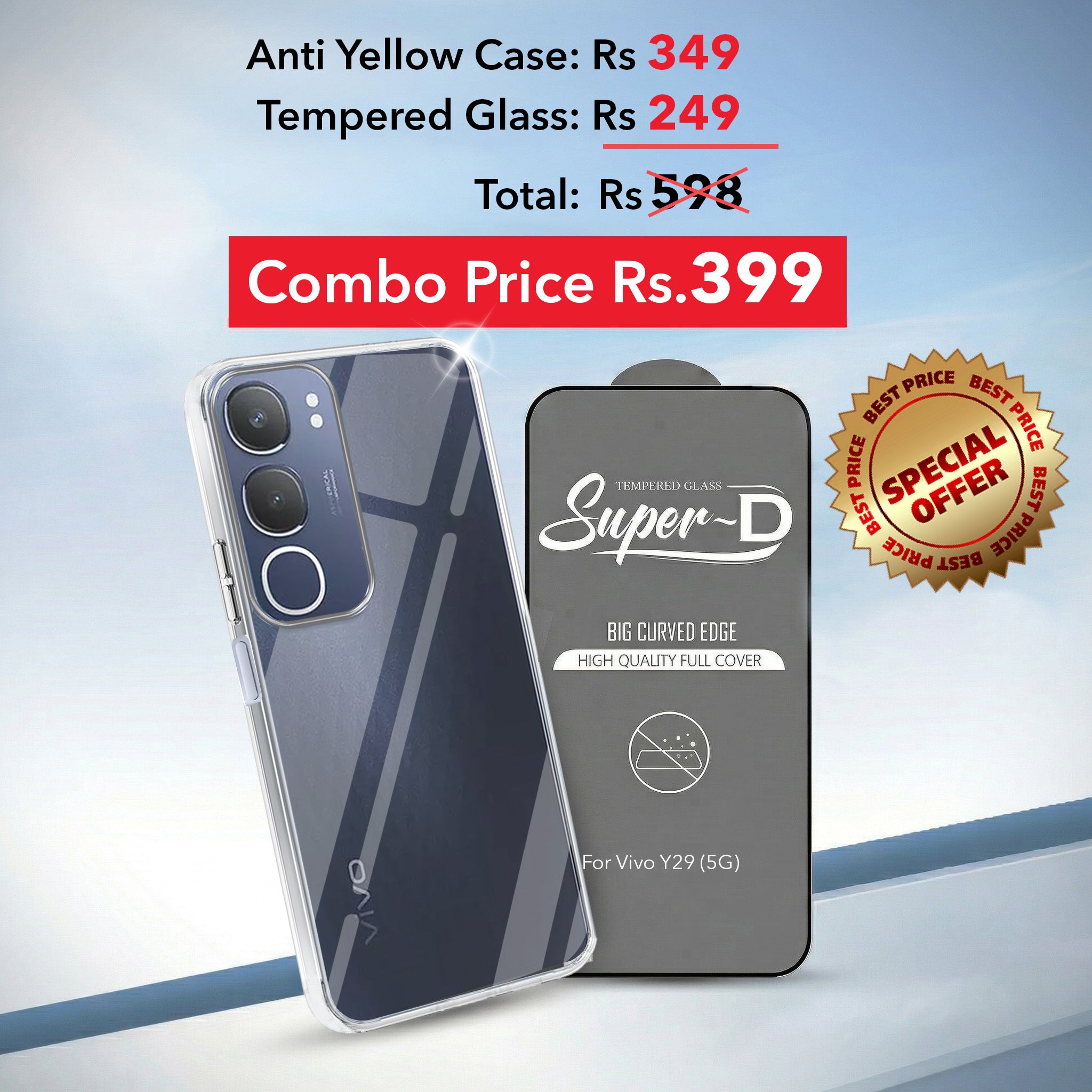 For Vivo Y29 Combo with Back Cover and 9H Tempered Glass (Lifetime Anti-Yellow | Sleek Hard Crystal | Oleophobic Coating Screen Glass)