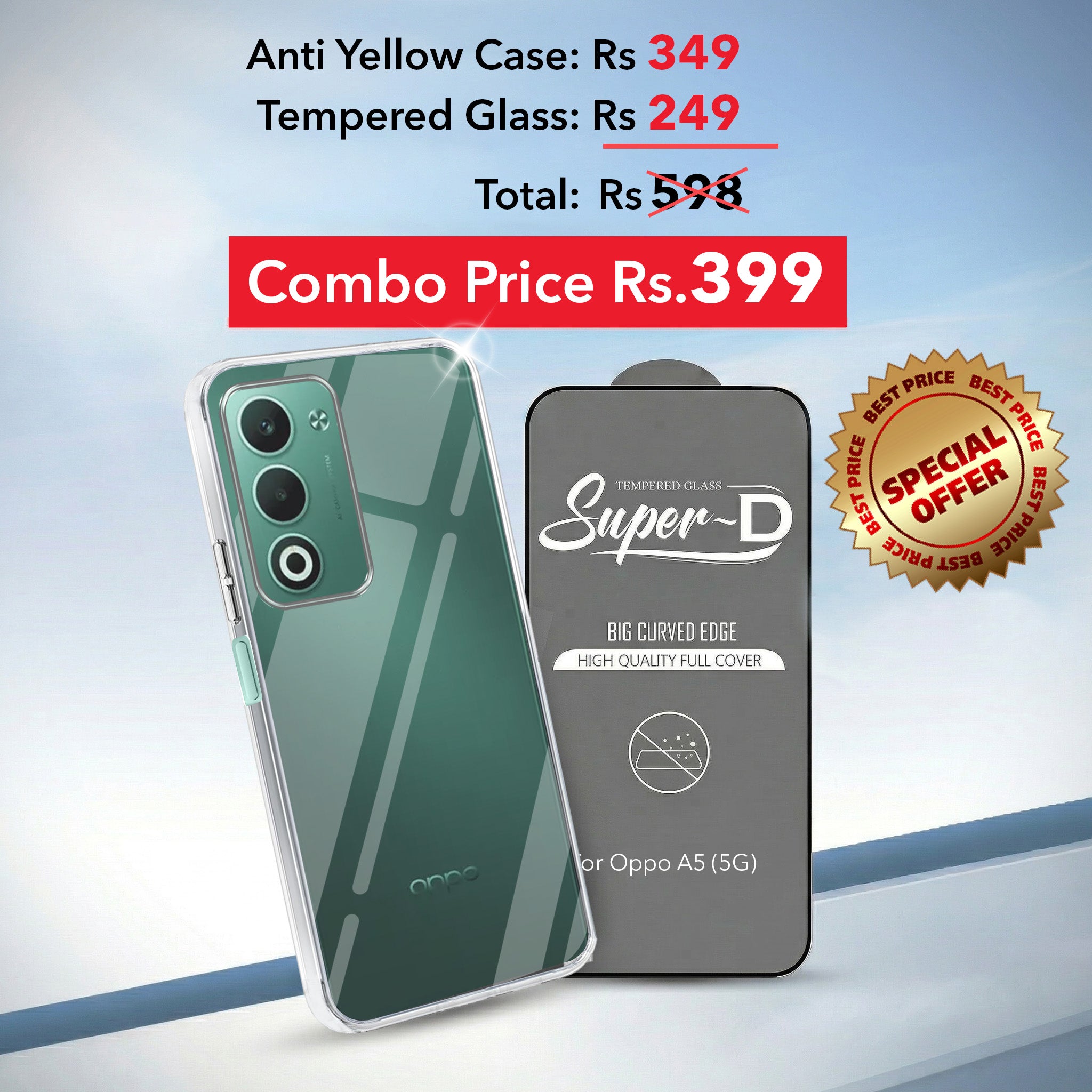 For Oppo A5 5G Combo with Back Cover and 9H Tempered Glass (Lifetime Anti-Yellow | Sleek Hard Crystal | Oleophobic Coating Screen Glass)