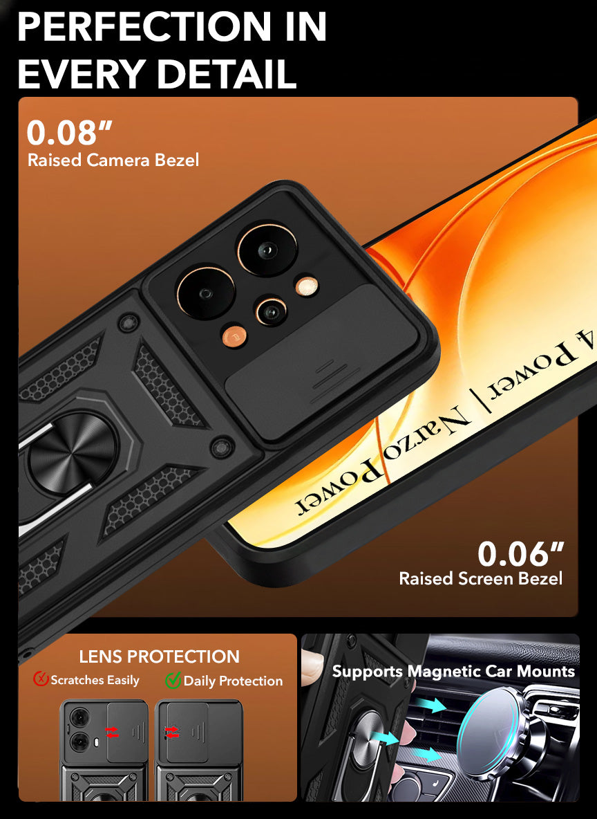 For Realme P4 Power 5G | Realme Narzo Power Back Cover Case Hybrid Armor (Sliding Shutter Camera Protection | Polycarbonate |Ring Holder Kickstand)