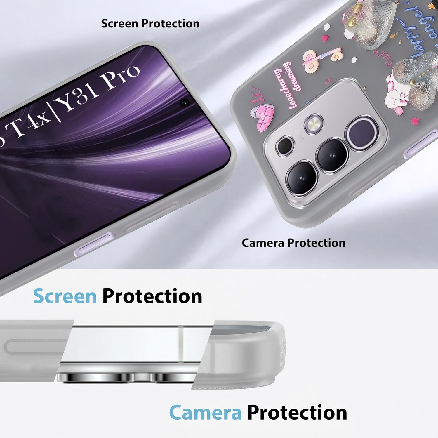 For Vivo T4x | Vivo Y31 Pro Back Cover Case (3D Cute Heart Strap Holder | Camera Protection | Designer Girls Print)