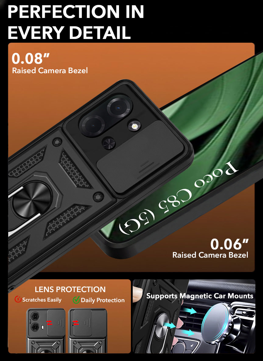 For Poco C85 5G Back Cover Case Hybrid Armor (Sliding Shutter Camera Protection | Polycarbonate |Ring Holder Kickstand)