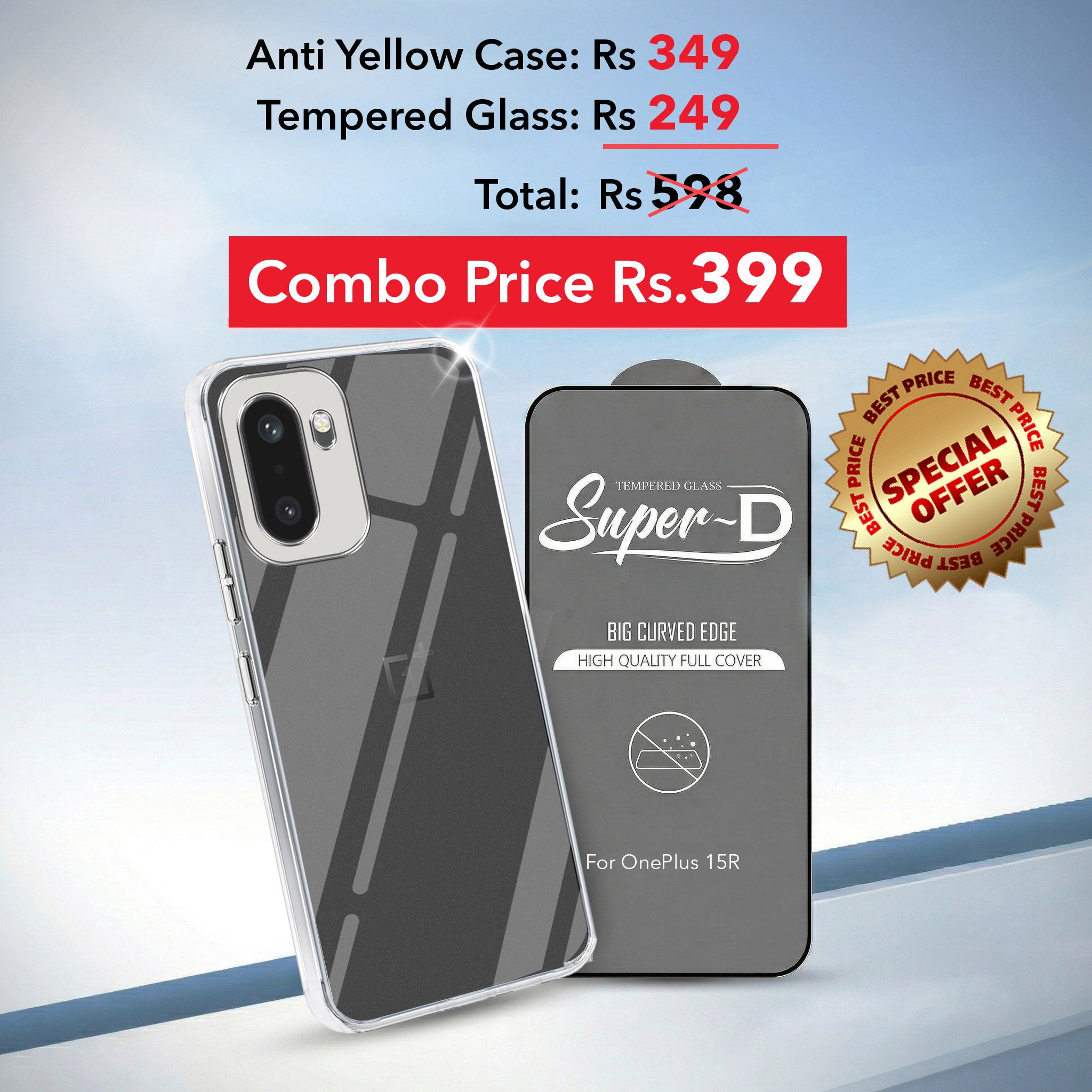 For OnePlus 15R Combo with Back Cover and 9H Tempered Glass (Lifetime Anti-Yellow | Sleek Hard Crystal | Oleophobic Coating Screen Glass)